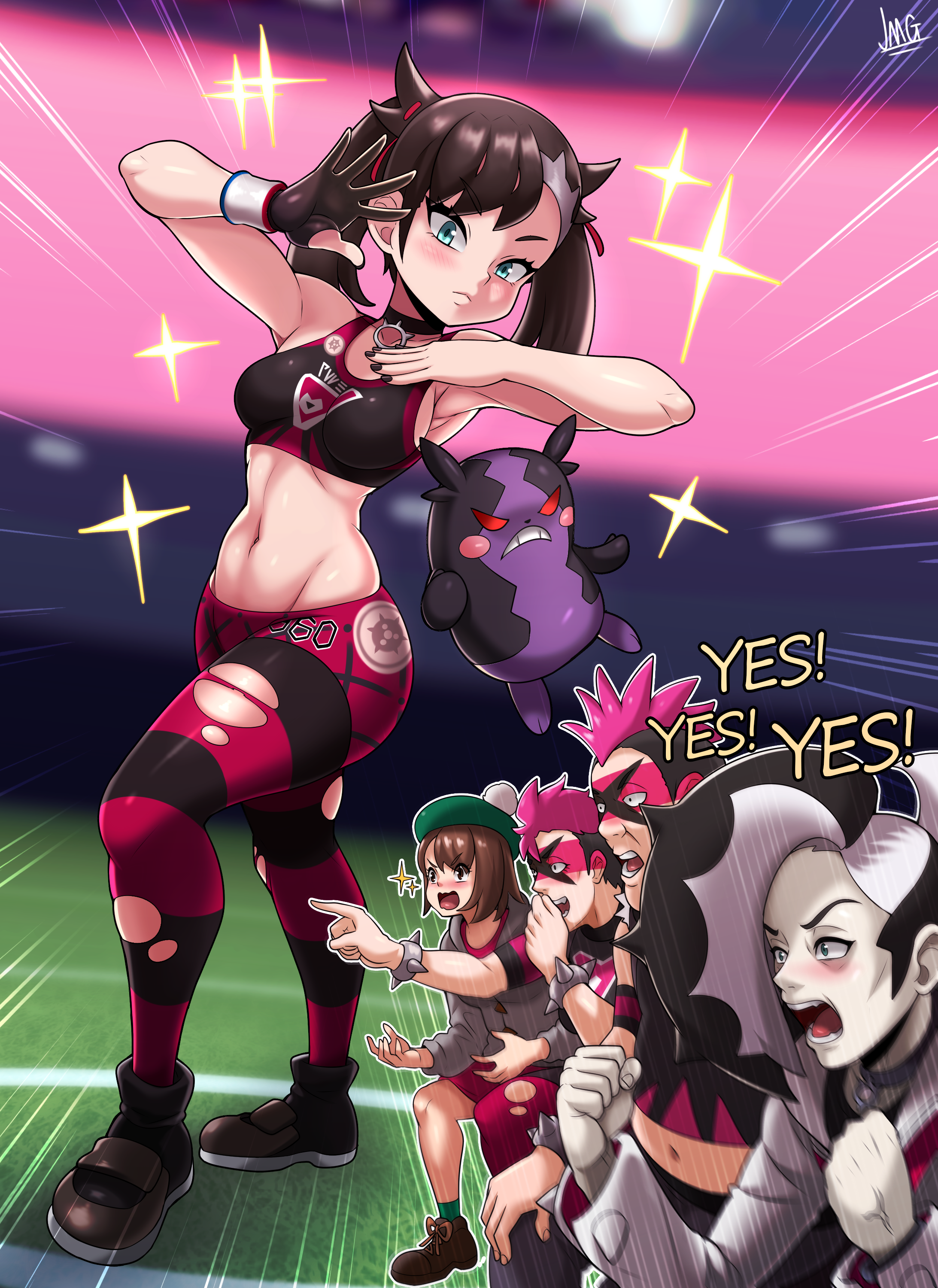 breasts jmg jojo's_bizarre_adventure mary_(pokemon) morpeko nezu_(pokemon) pantyhose parody pokemon pokemon_swsh team_yell team_yell_grunt thighhighs torn_clothes yuuri_(pokemon)