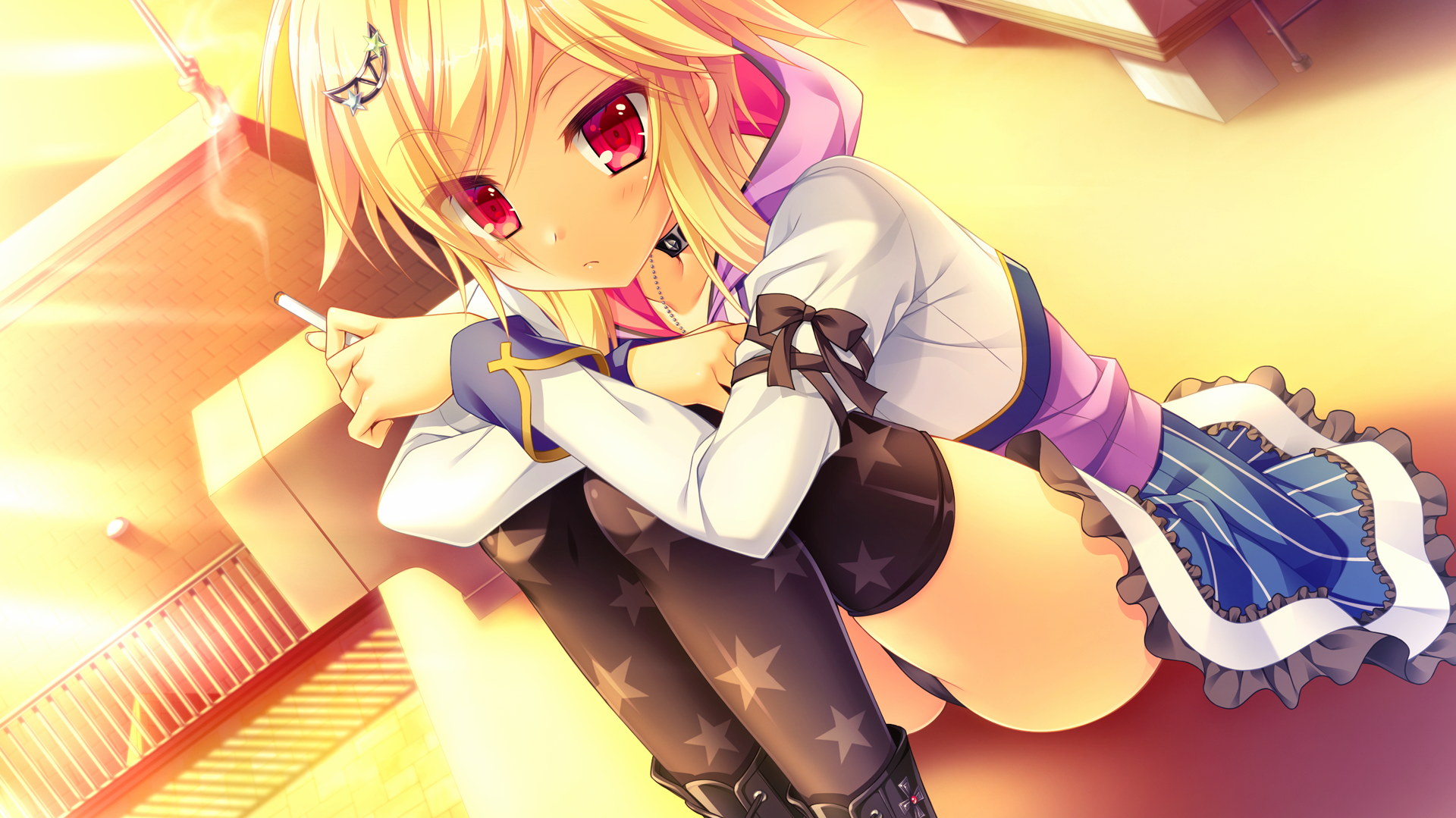 game_cg hontani_kanae kin-iro_loveriche pantsu saga_planets seifuku smoking souma_ria thighhighs