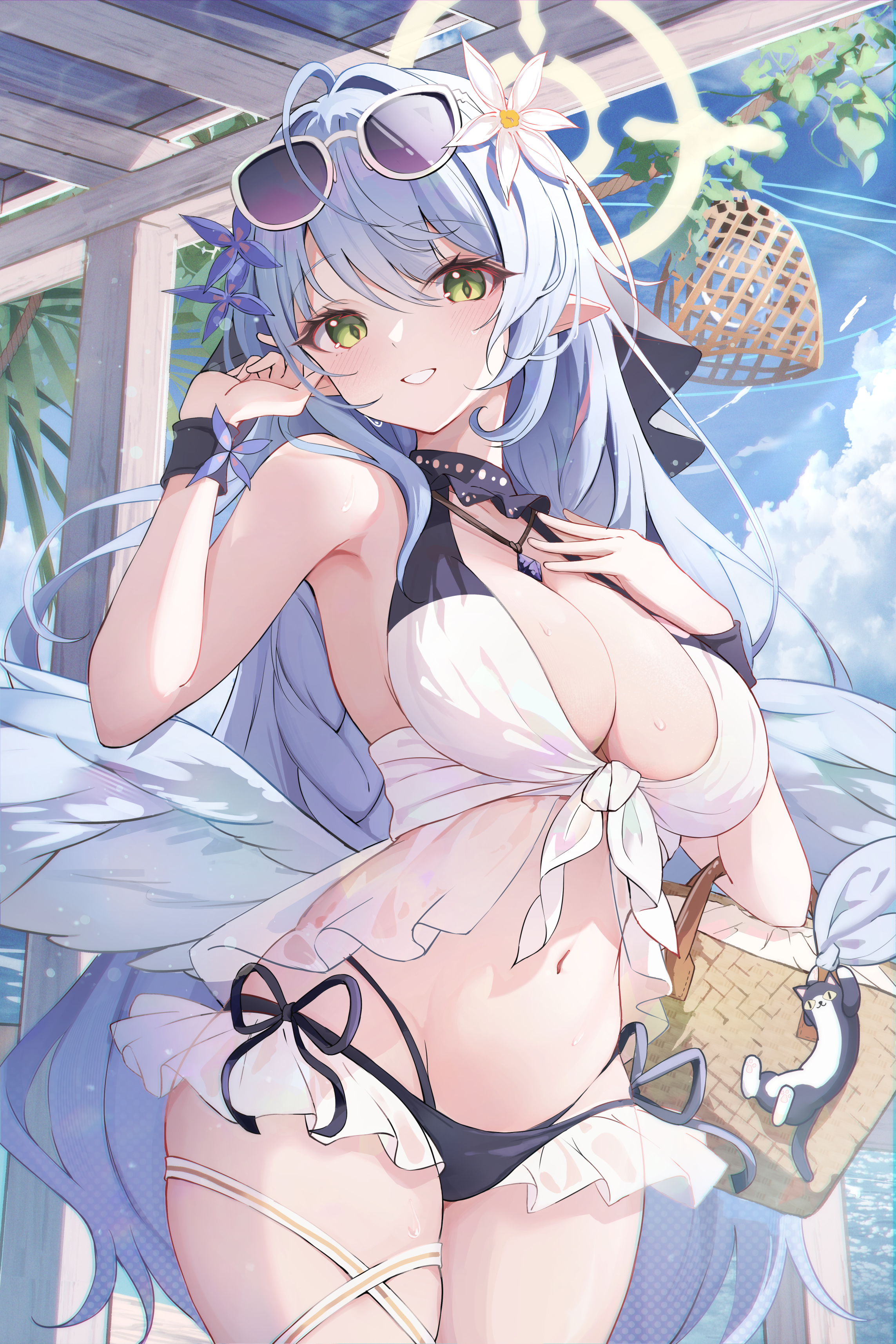 angel aomori_mine bikini blue_archive garter megane pointy_ears see_through swimsuits wet wet_clothes wings yukisaki_mizuchi