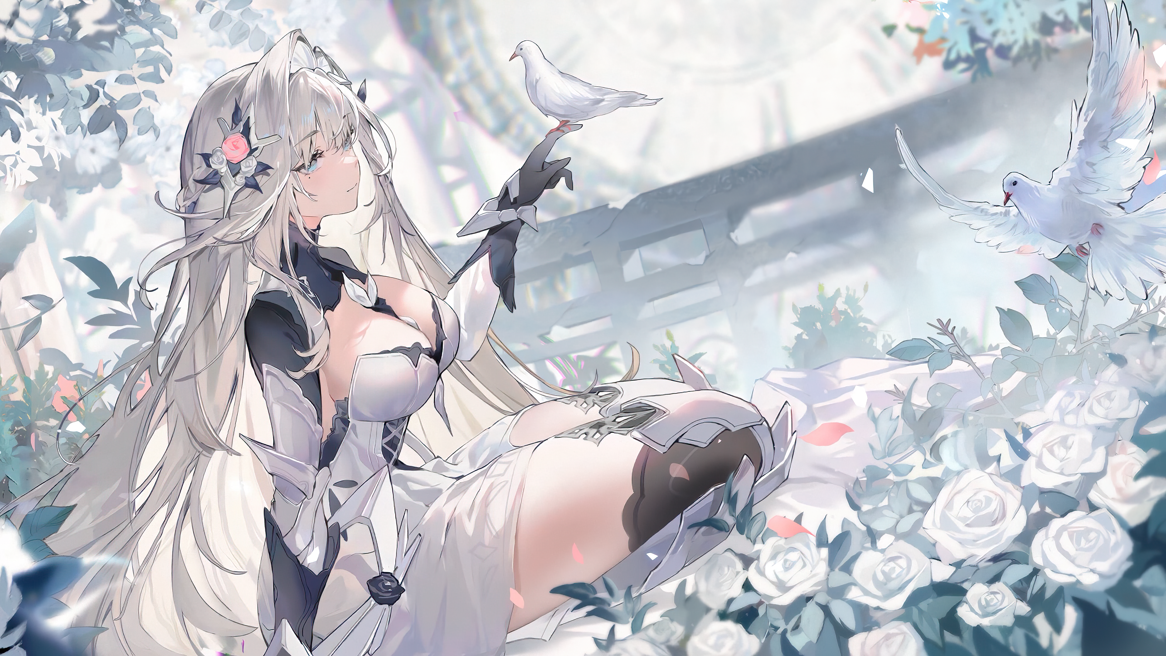 armor bianca_(punishing:_gray_raven) dress no_bra punishing:_gray_raven thighhighs wallpaper yanderenasa