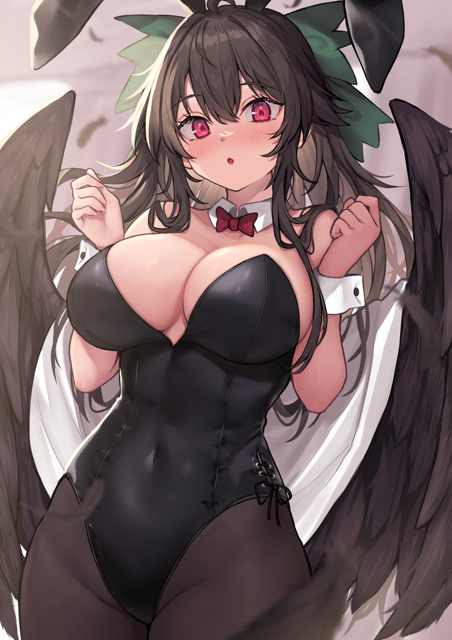 animal_ears bunny_ears bunny_girl no_bra pantyhose reiuji_utsuho touhou wings wowoguni