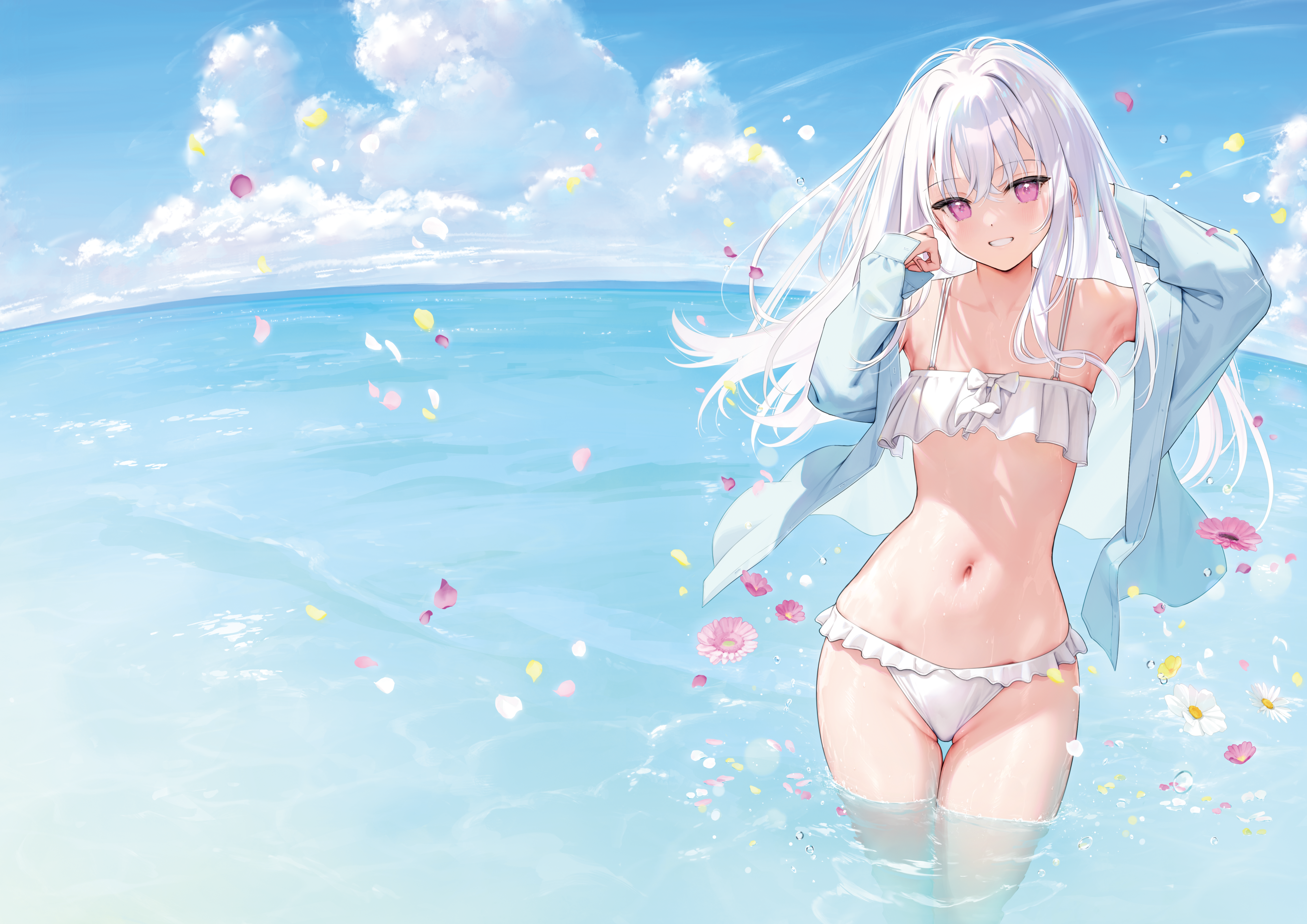 bikini digital_version dress_shirt mignon open_shirt shiro_(mignon) swimsuits thong wet