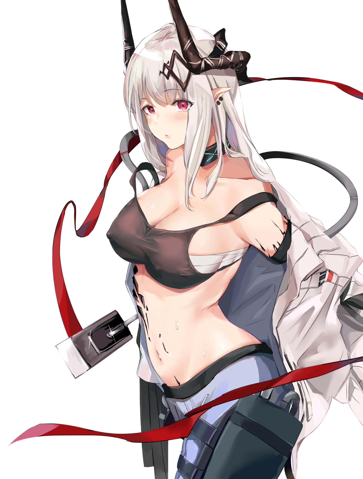 arknights erect_nipples horns mudrock_(arknights) open_shirt pointy_ears sarashi sirius_enjoliao weapon