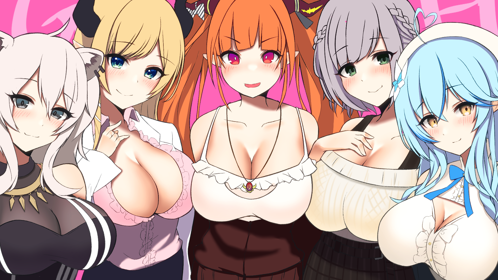 animal_ears cleavage hayz hololive horns kiryuu_coco no_bra open_shirt pointy_ears see_through shirogane_noel shishiro_botan sweater yukihana_lamy yuzuki_choco