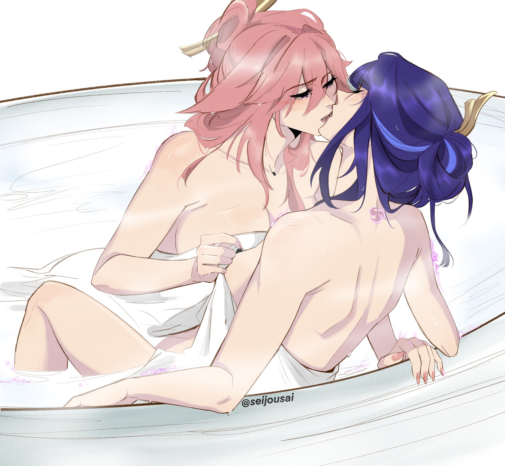 animal_ears bathing genshin_impact kitsune raiden_shogun seijousai tattoo towel wet yae_miko yuri