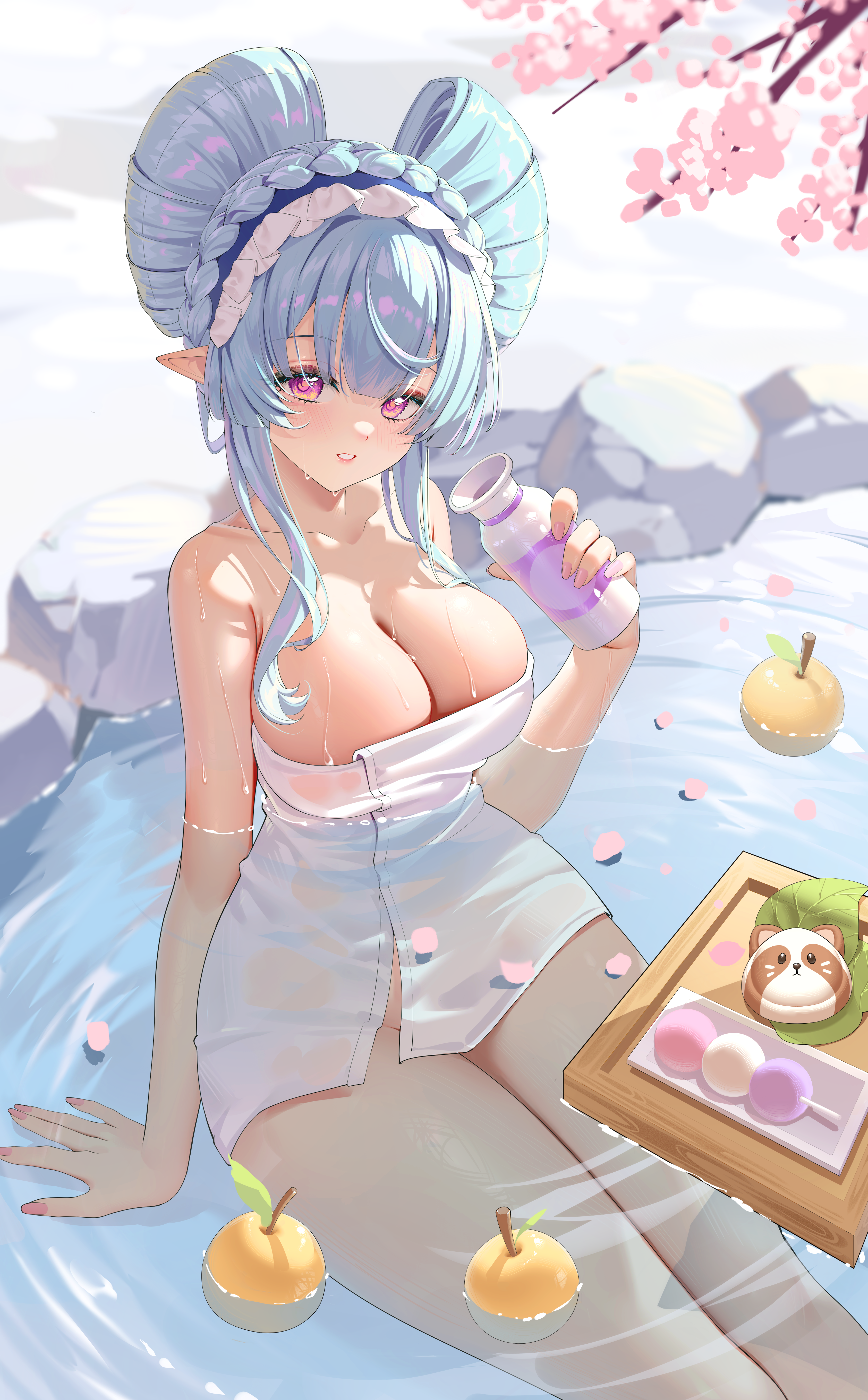 bathing genshin_impact kururu_(qqqqq59508750) onsen pointy_ears see_through towel wet yumemizuki_mizuki