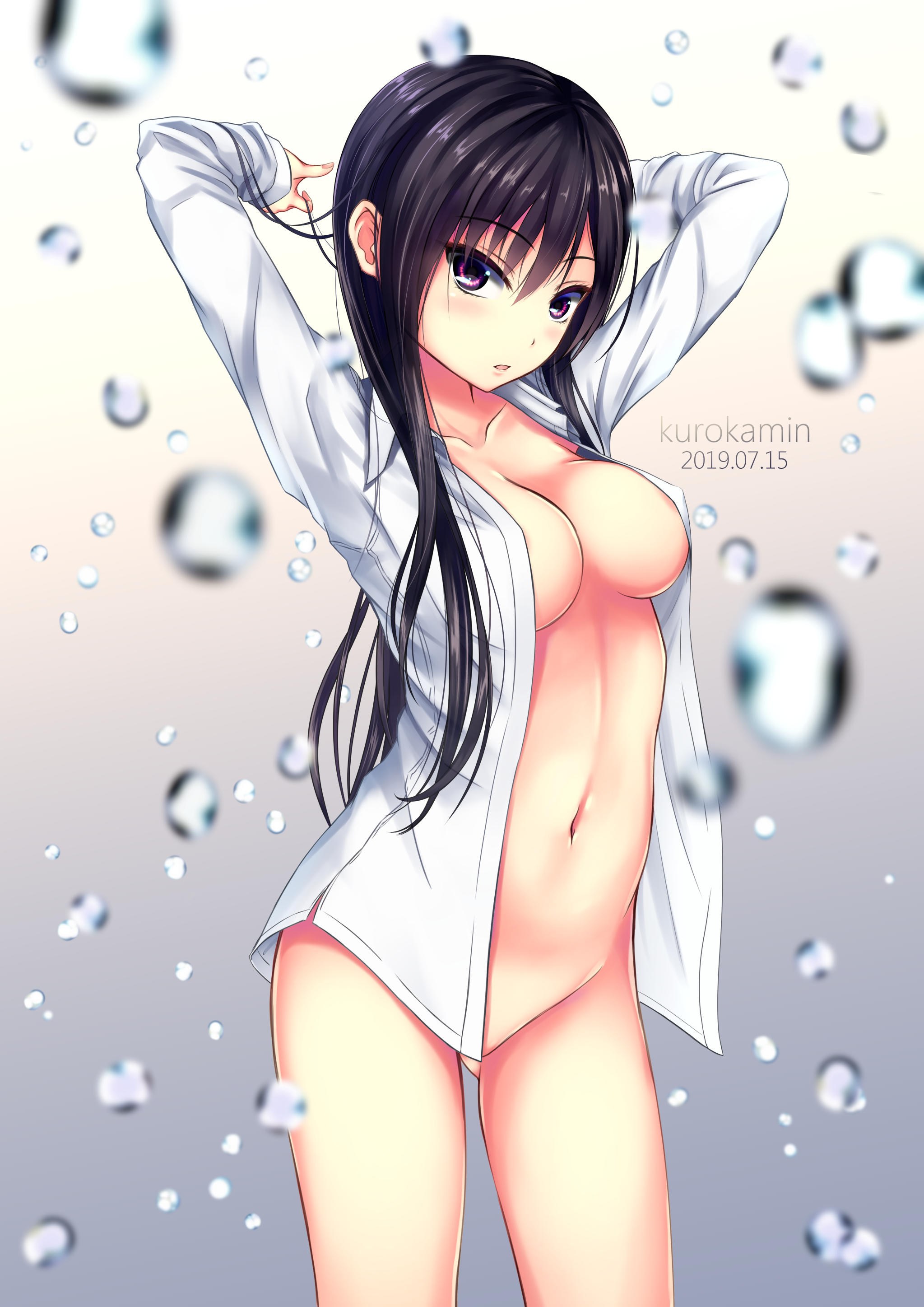 areola bottomless dress_shirt kurokamin kurono_mika no_bra open_shirt