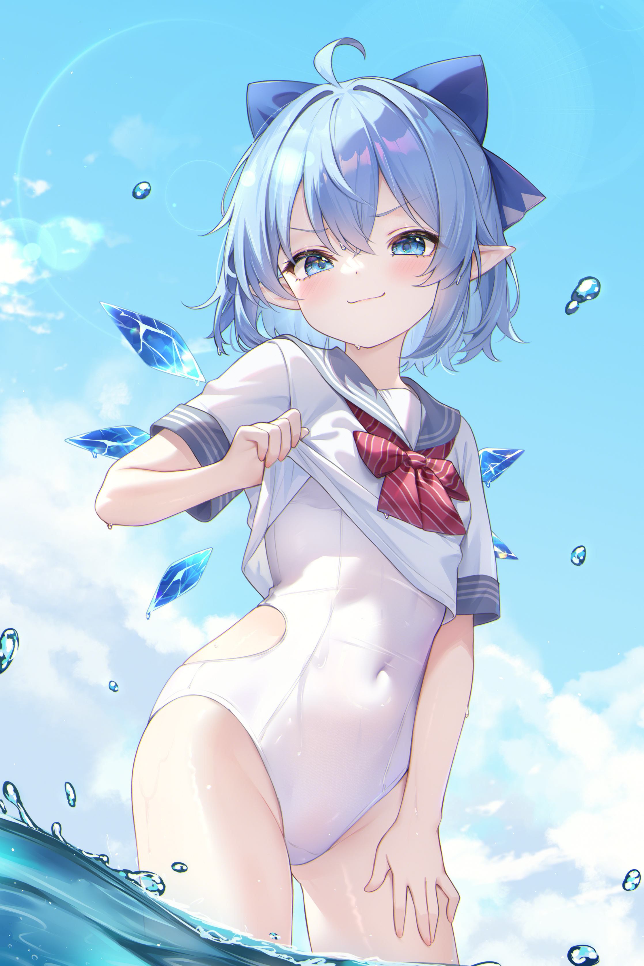 cirno kuroida pointy_ears school_swimsuit see_through seifuku swimsuits touhou undressing wet wings