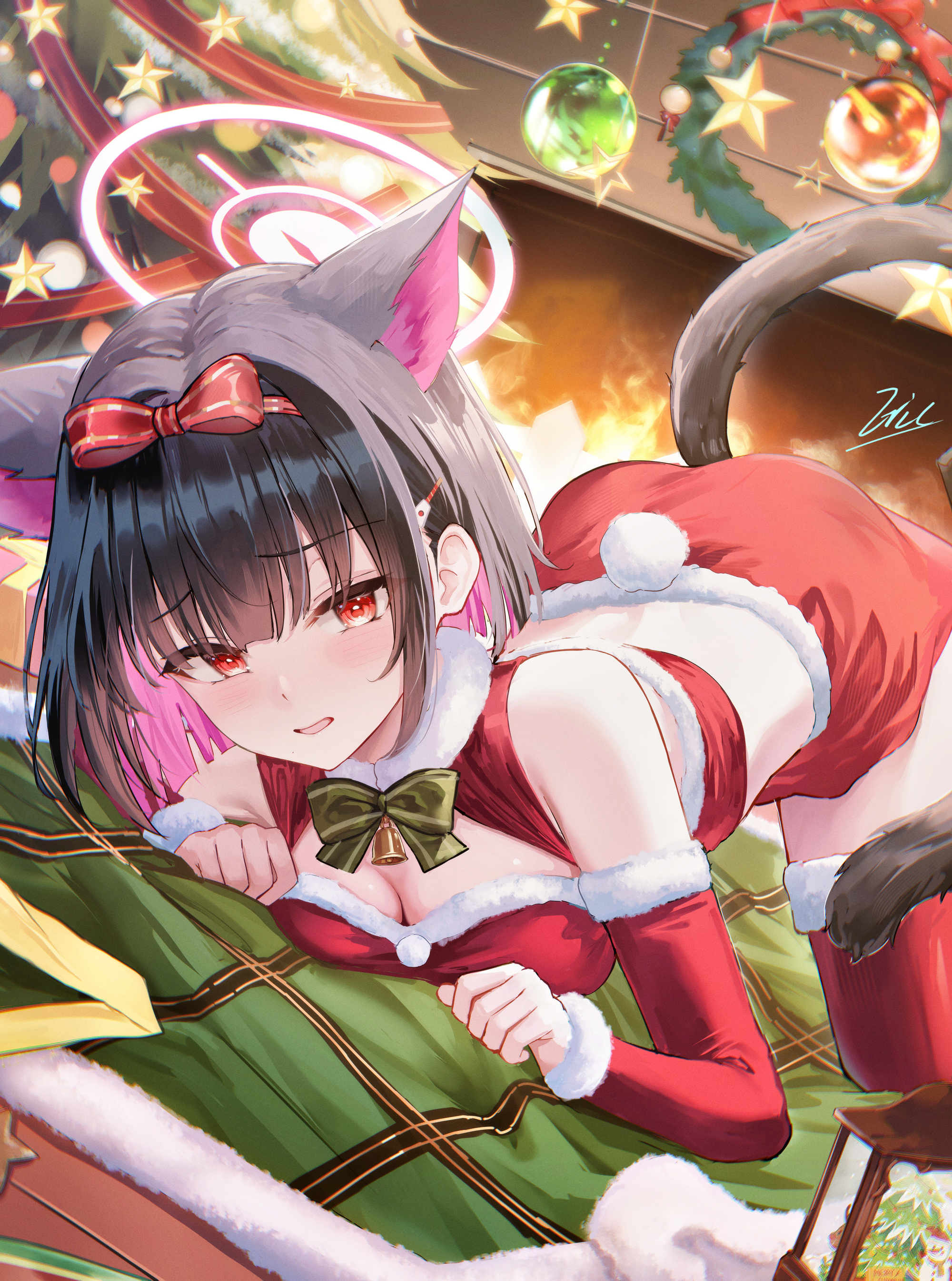 animal_ears blue_archive christmas eric_(tianqijiang) halo kyouyama_kazusa nekomimi tail thighhighs