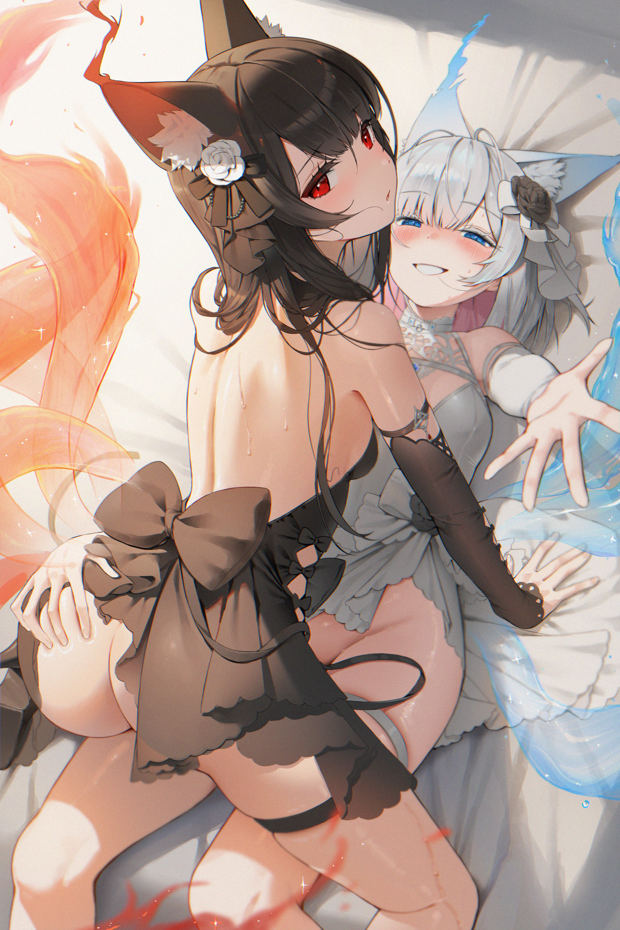 animal_ears ass_grab dress garter no_bra nopan tagme tail wet yuri