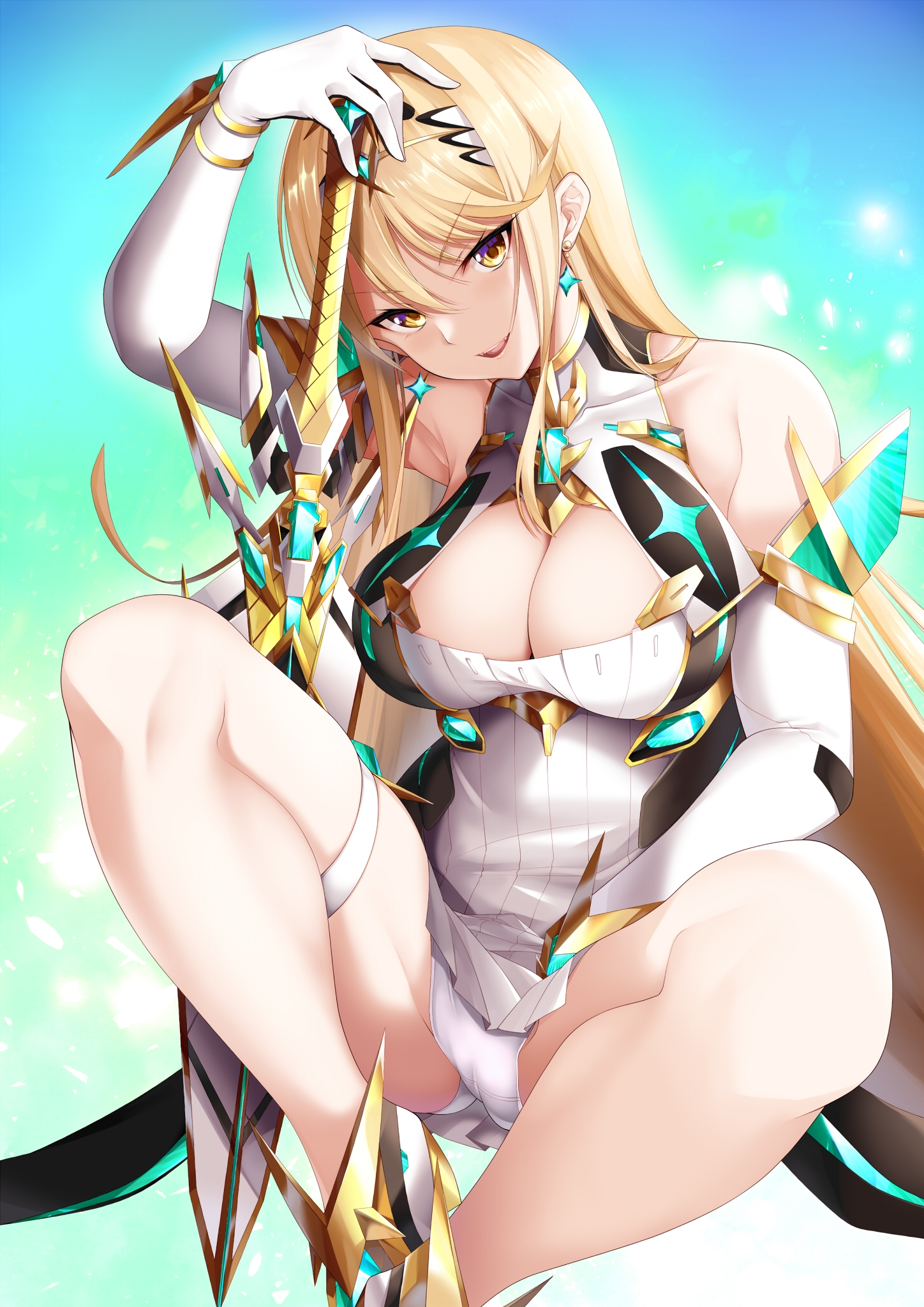 cameltoe daive garter hikari_(xenoblade_2) no_bra pantsu skirt_lift sword xenoblade_(series) xenoblade_2