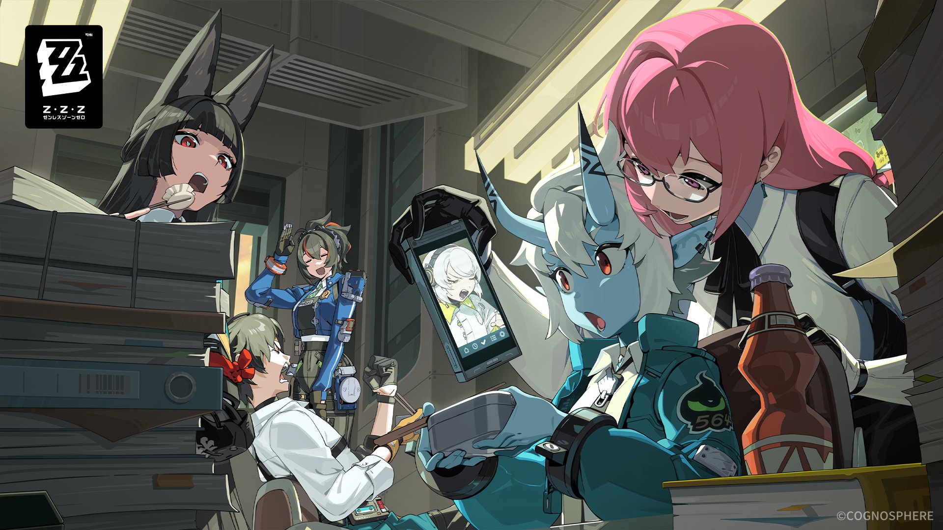 anby_demara animal_ears asaba_harumasa horns hoshimi_miyabi kitsune megane pointy_ears soukaku tagme tsukishiro_yanagi uniform wallpaper zenless_zone_zero zhu_yuan