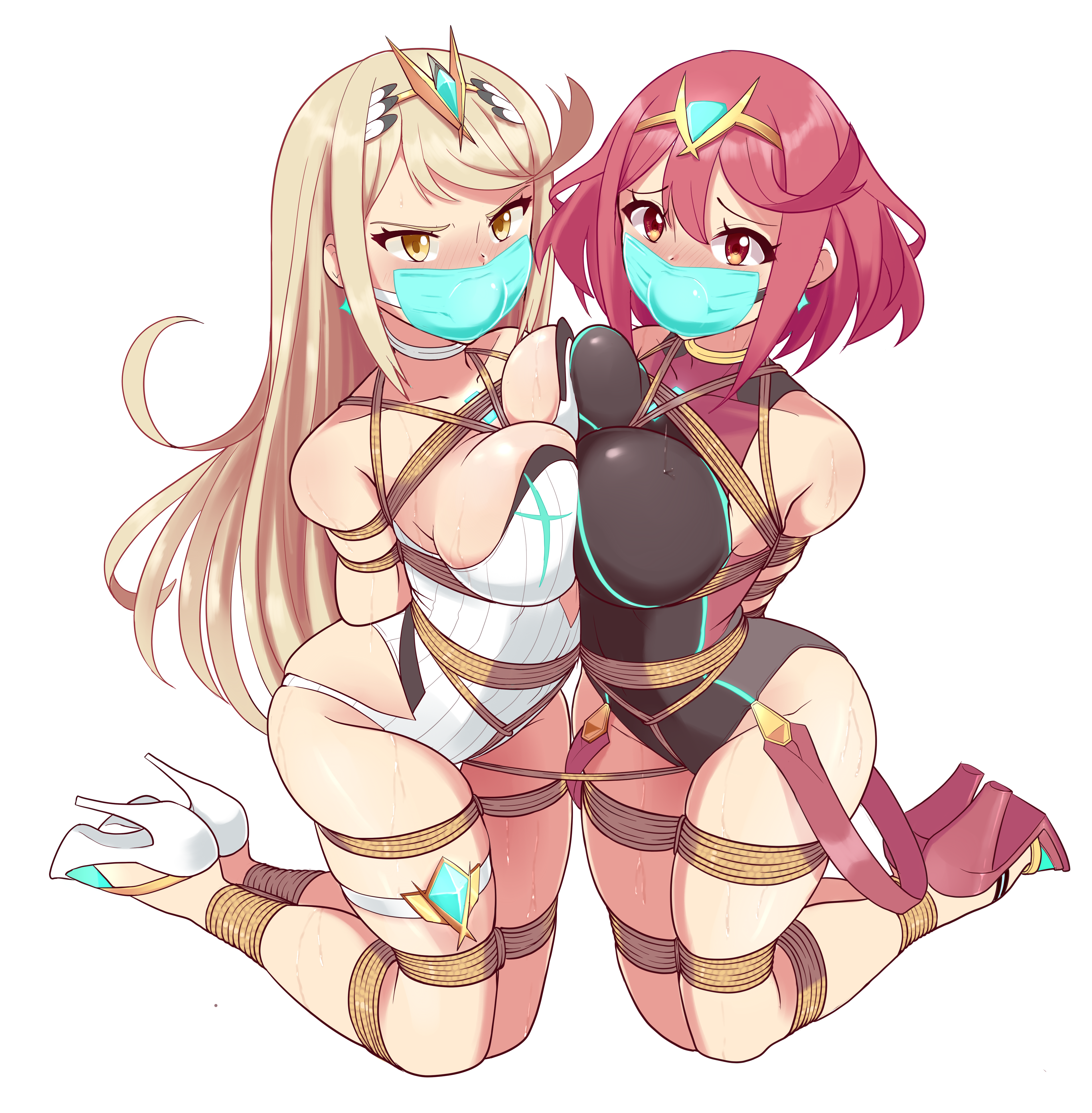 bagelbomb bondage garter heels hikari_(xenoblade_2) homura_(xenoblade_2) swimsuits symmetrical_docking xenoblade_(series) xenoblade_2