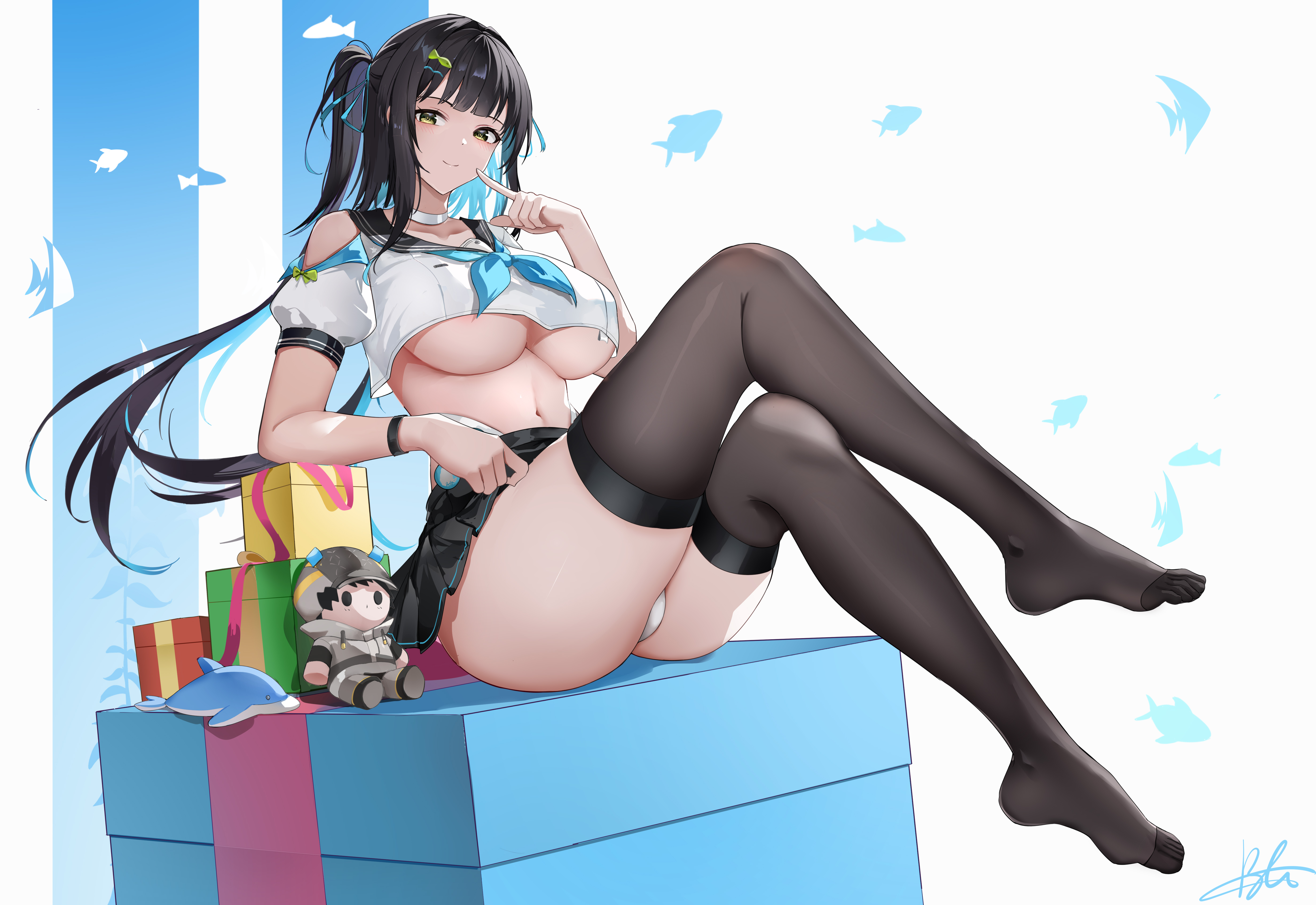 baige0 chibi feet no_bra pantsu seifuku siris skirt_lift snowbreak:_containment_zone thighhighs thong underboob