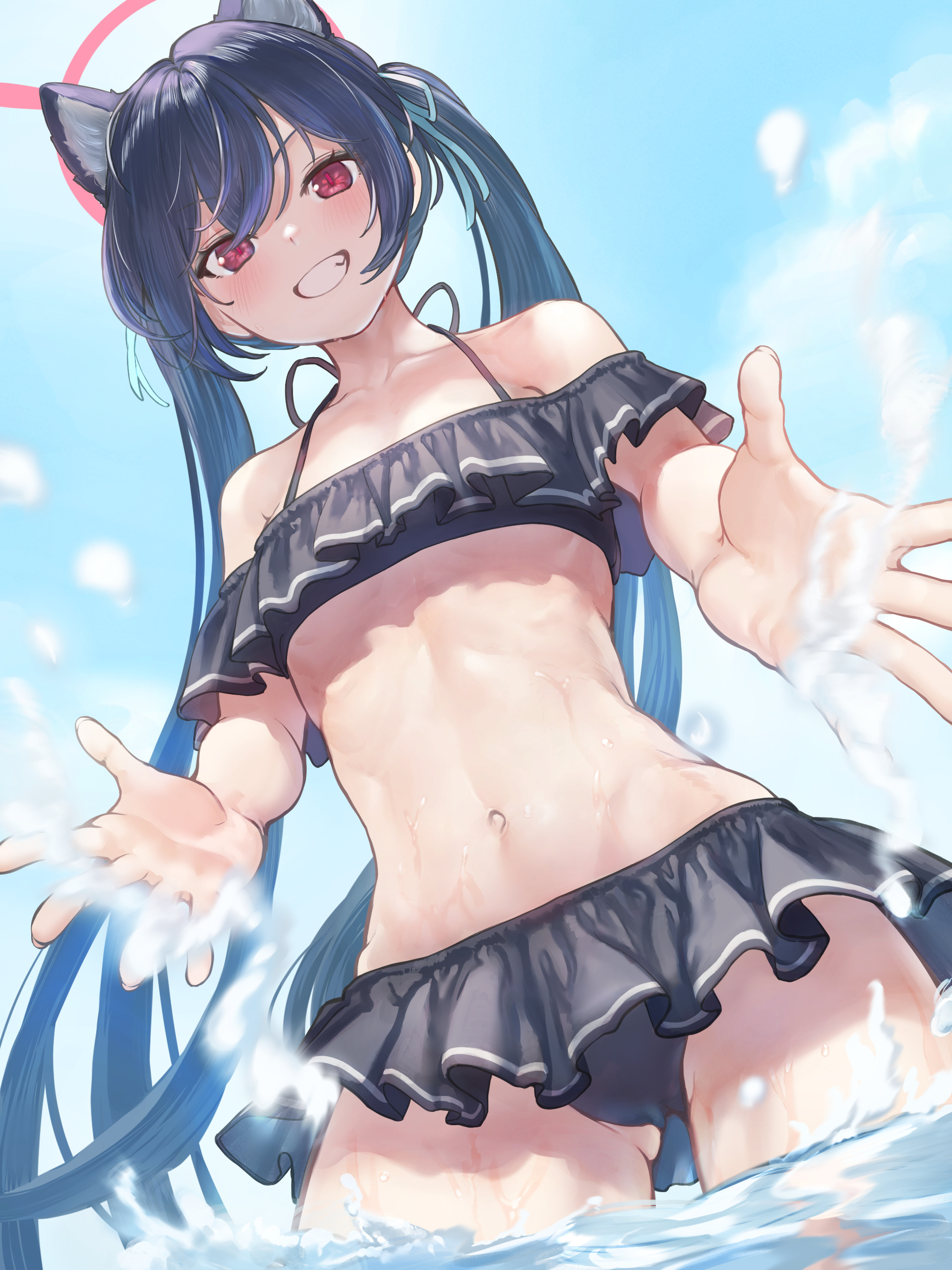 animal_ears bikini blue_archive halo kuromi_serika marulire nekomimi swimsuits wet