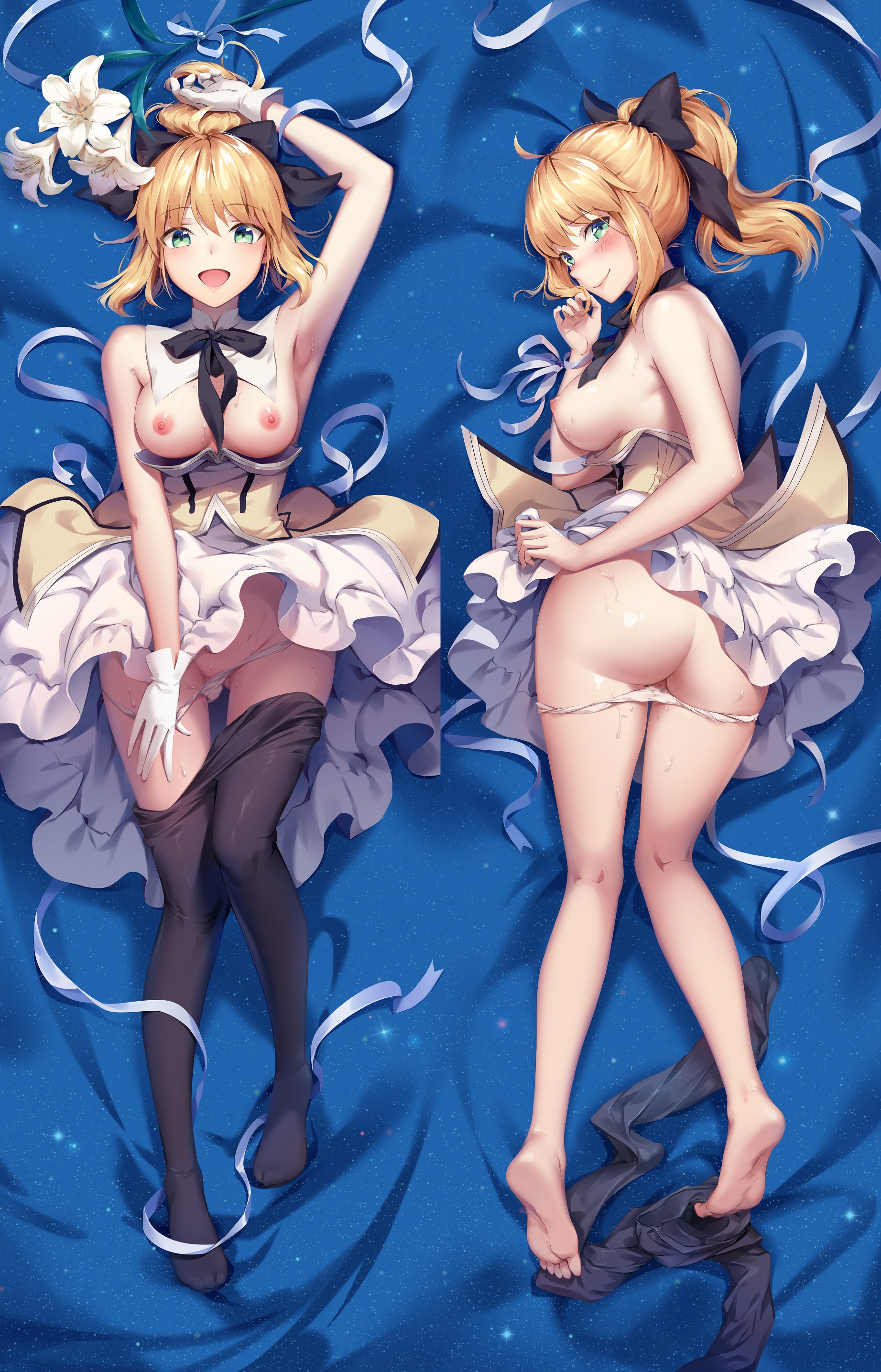 ass breasts dakimakura dress fate/grand_order index_acg nipples no_bra pantsu panty_pull pantyhose saber saber_lily skirt_lift undressing