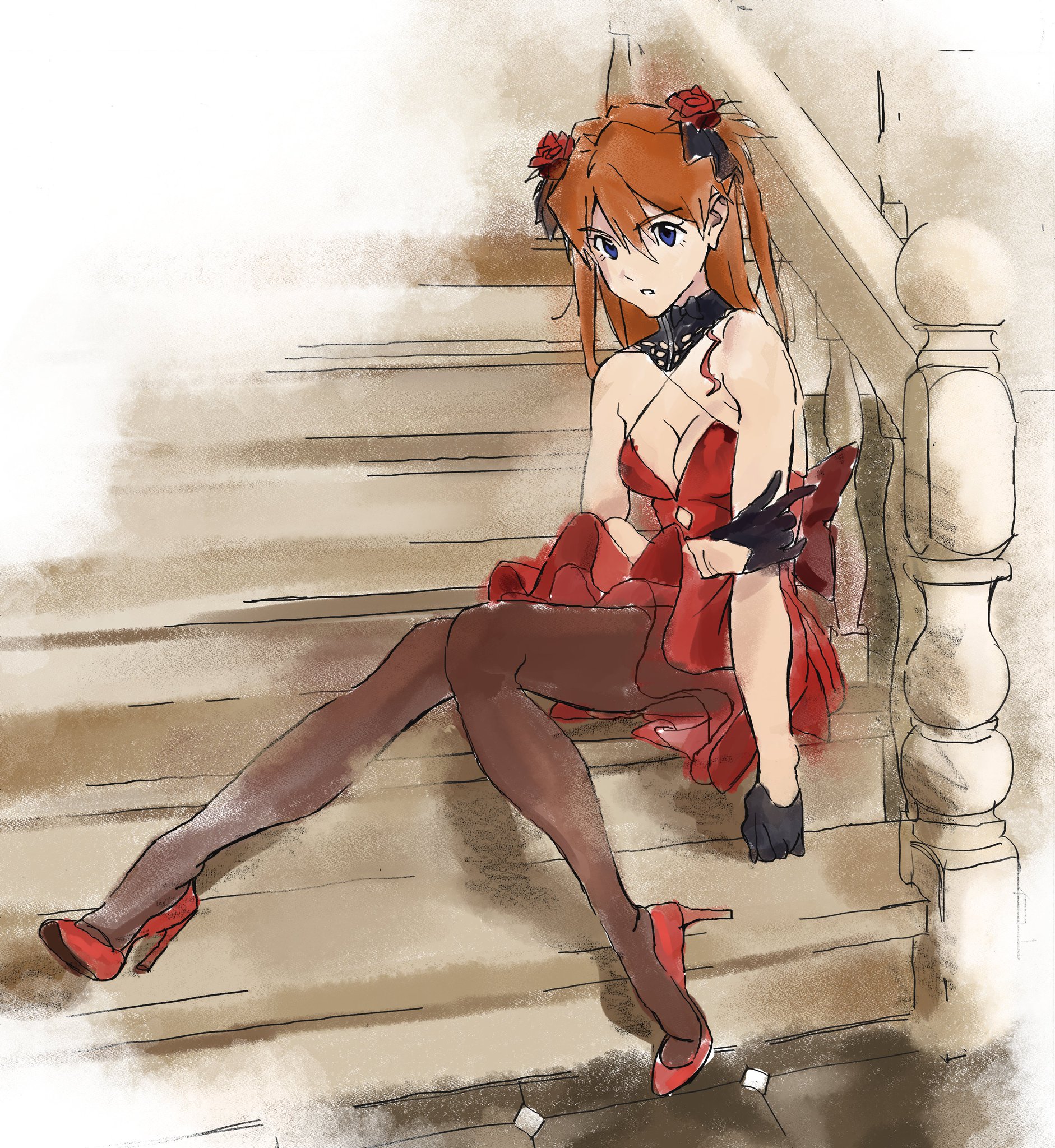 ani_ dress heels neon_genesis_evangelion no_bra pantyhose sketch skirt_lift souryuu_asuka_langley