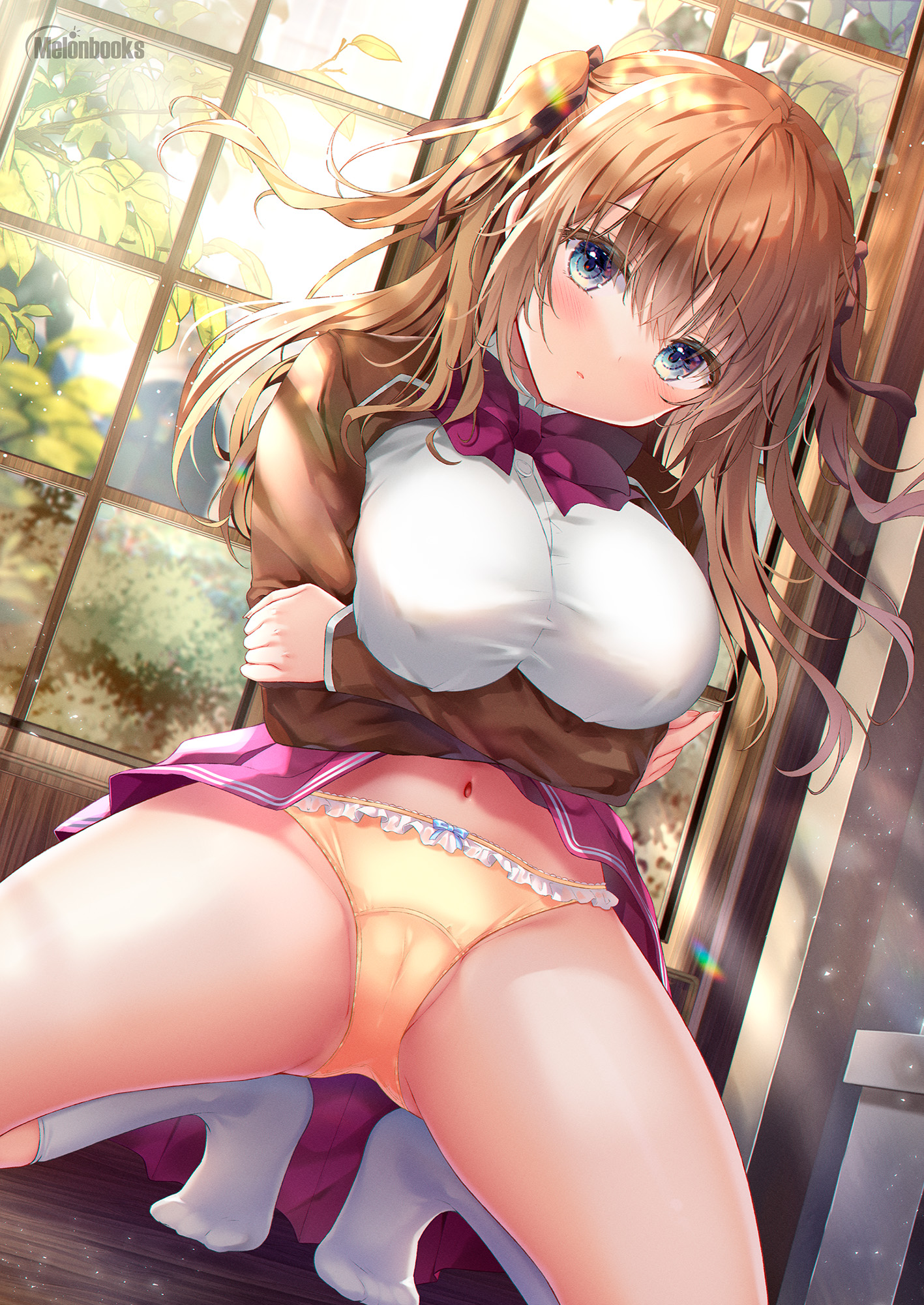 breast_hold cameltoe kino melonbooks pantsu seifuku skirt_lift