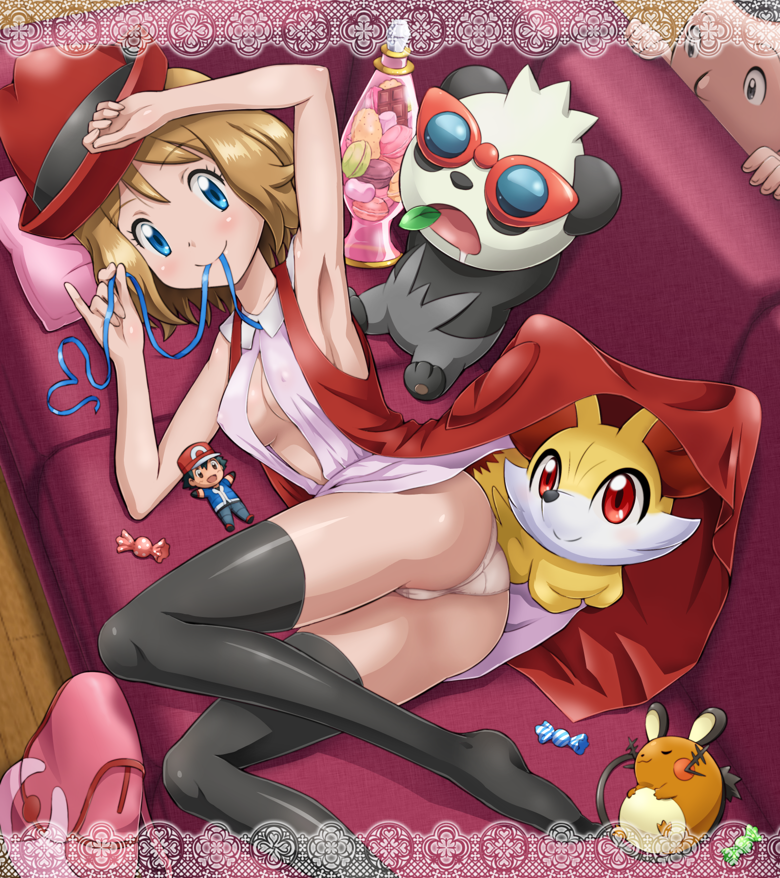 ass cameltoe cleavage dedenne dress erect_nipples fennekin no_bra pancham pantsu pokemon pokemon_xy satoshi_(pokemon) serena_(pokemon) soara thighhighs tierno_(pokemon)