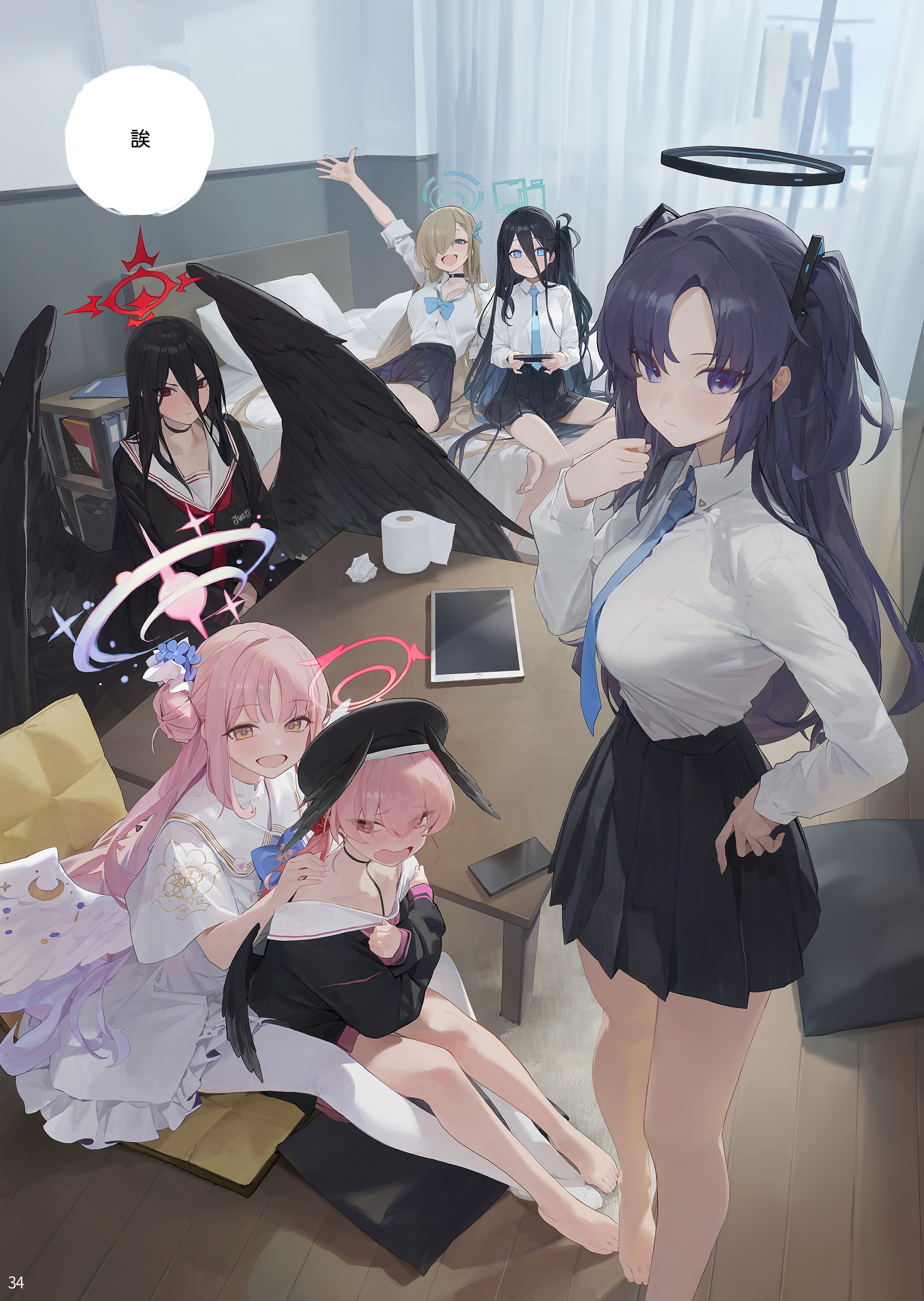 angel blue_archive dress halo hanekawa_hasumi hayase_yuuka ichinose_asuna misono_mika modare open_shirt pantyhose seifuku shimoe_koharu tendou_arisu wings yuri