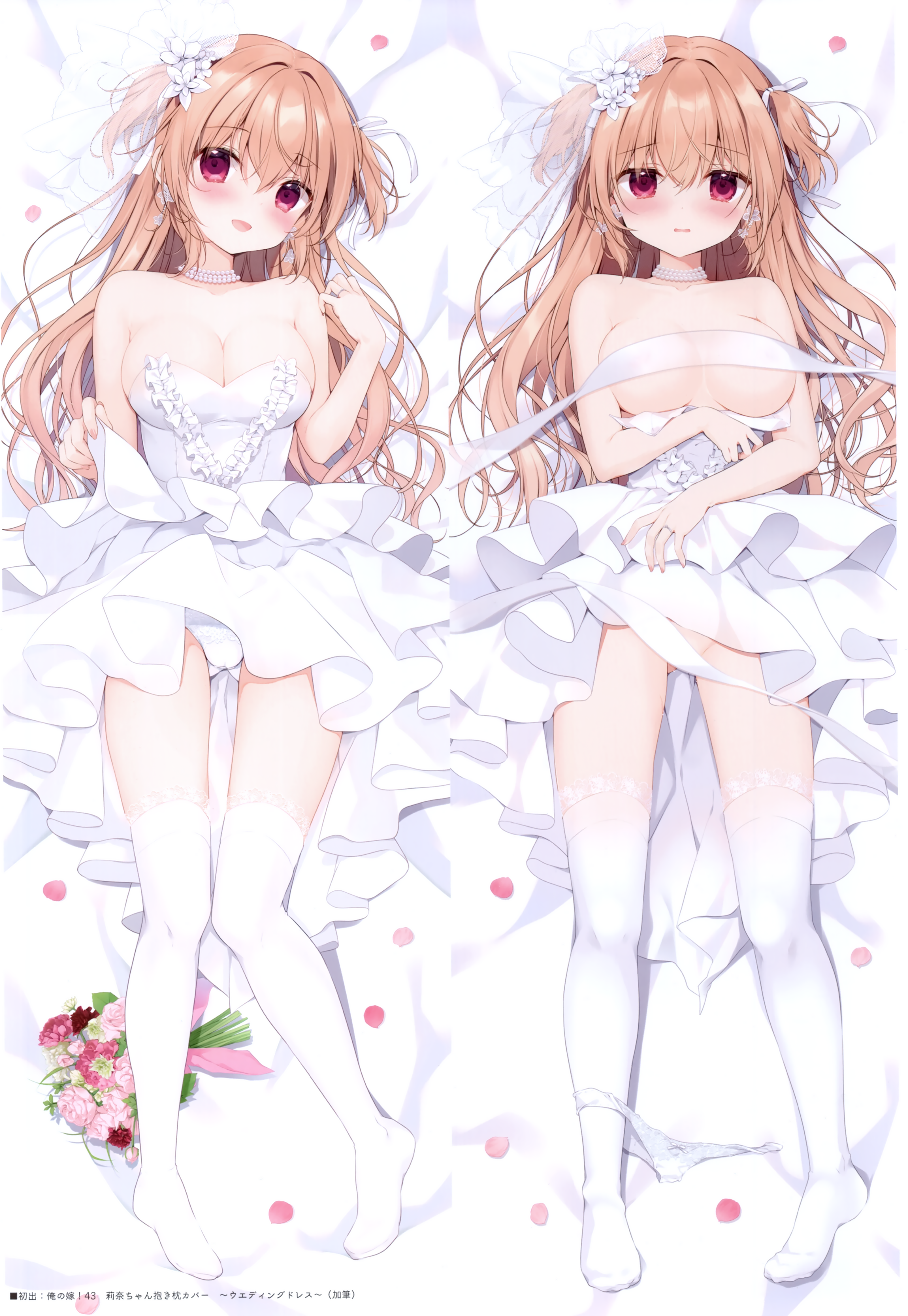 breasts cameltoe canvas+garden dakimakura dress miyasaka_miyu no_bra pantsu panty_pull rina_(canvas+garden) skirt_lift thighhighs wedding_dress