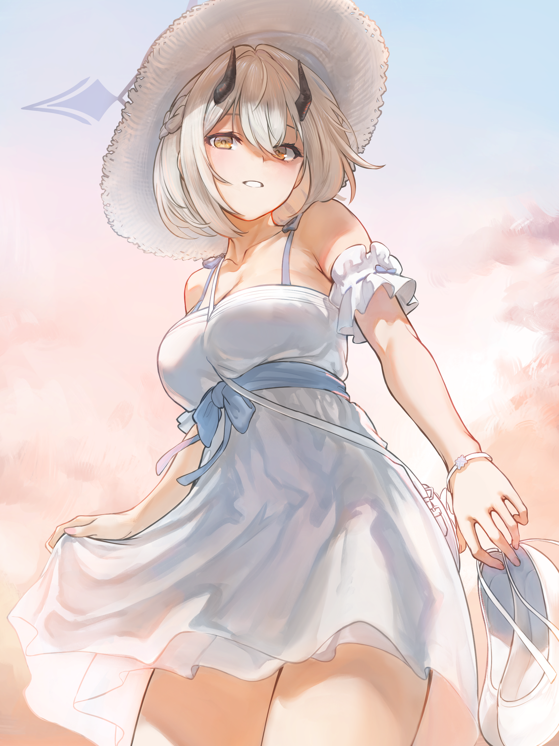 blue_archive dress halo himuro_sena horns marulire no_bra see_through skirt_lift summer_dress