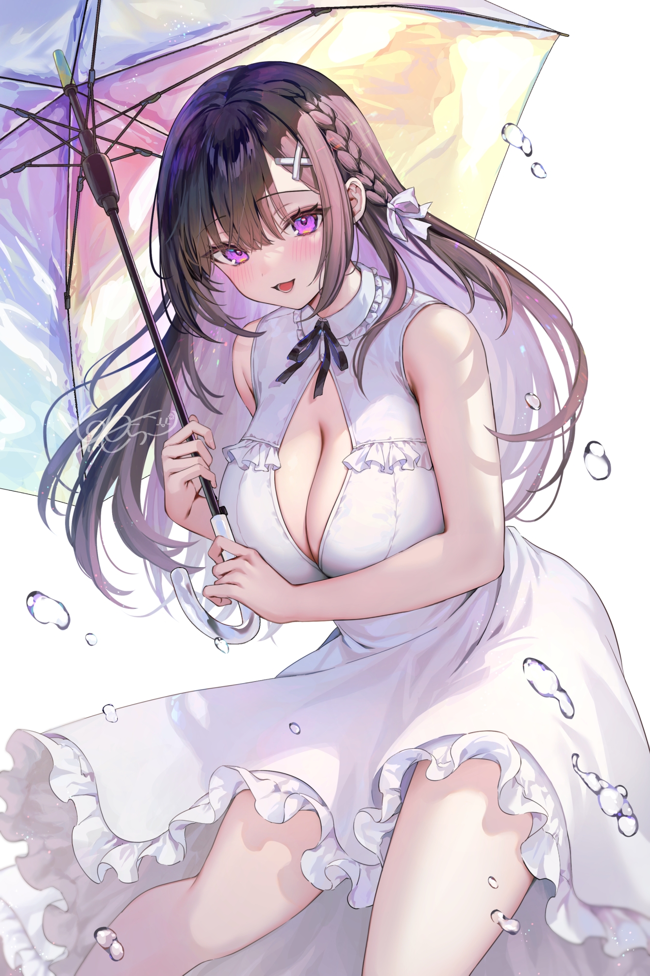 cleavage dress mashiro_shirako ootsuka_miyako skirt_lift umbrella