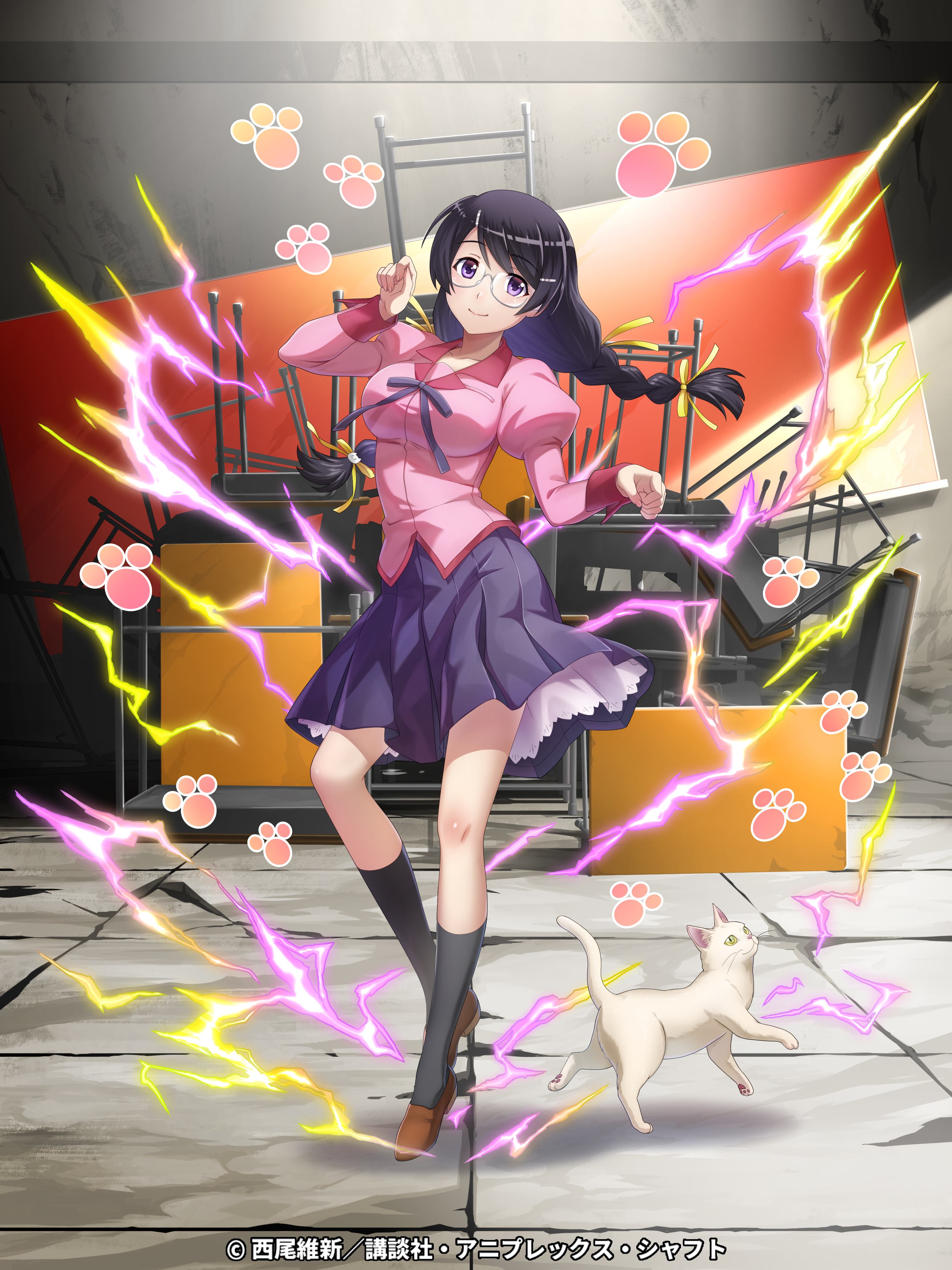 bakemonogatari hanekawa_tsubasa megane monogatari_(series) neko seifuku skirt_lift tagme