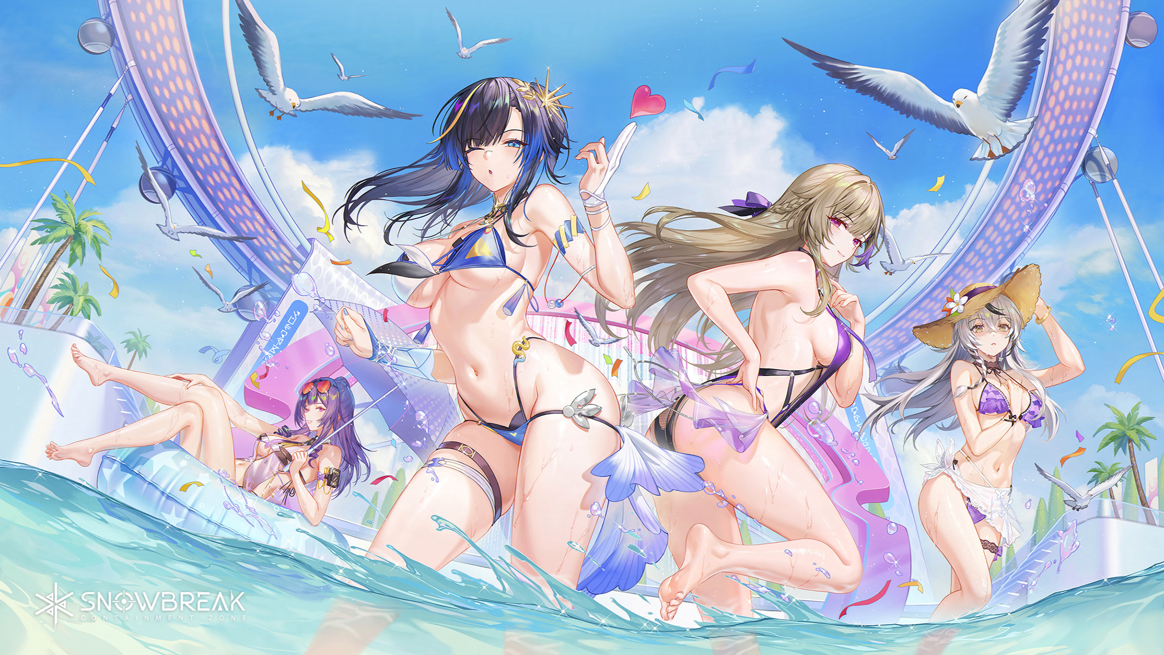 atdan bikini cherno_(snowbreak) garter megane see_through snowbreak:_containment_zone swimsuits umbrella wet