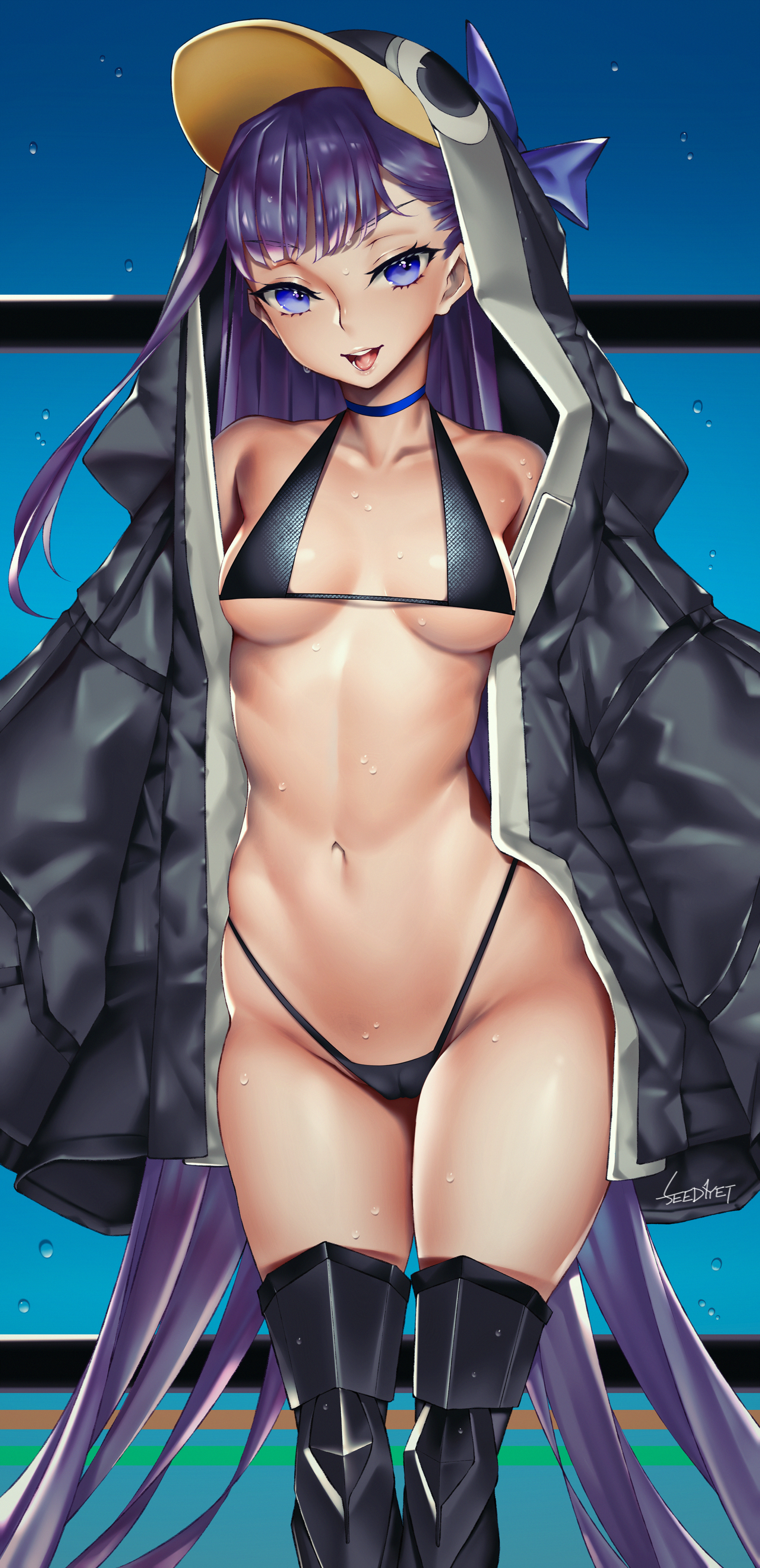 bikini cameltoe fate/grand_order meltlilith open_shirt penguin swimsuits thighhighs viola_(seed)