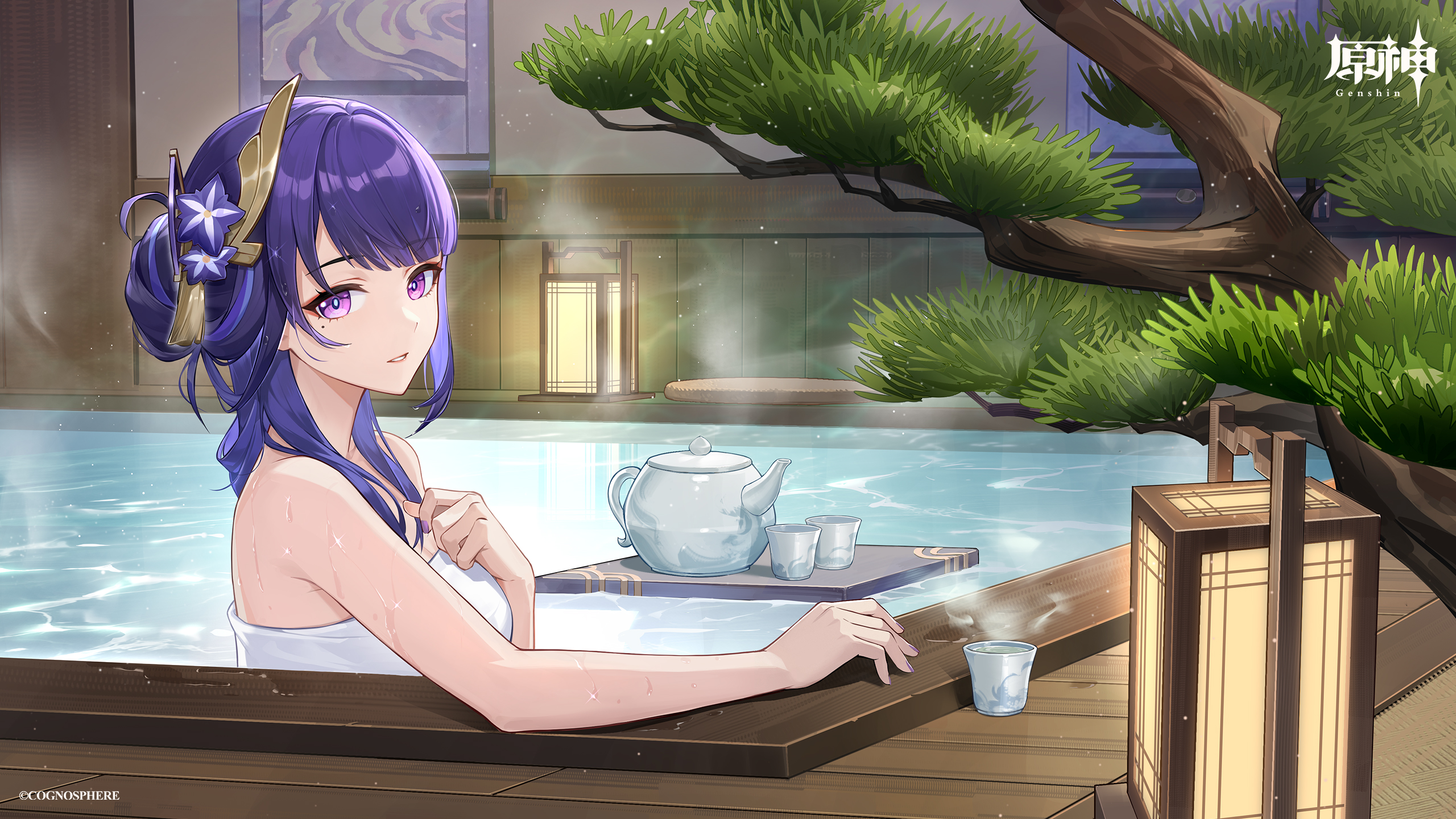 bathing genshin_impact onsen raiden_shogun tagme towel wallpaper wet