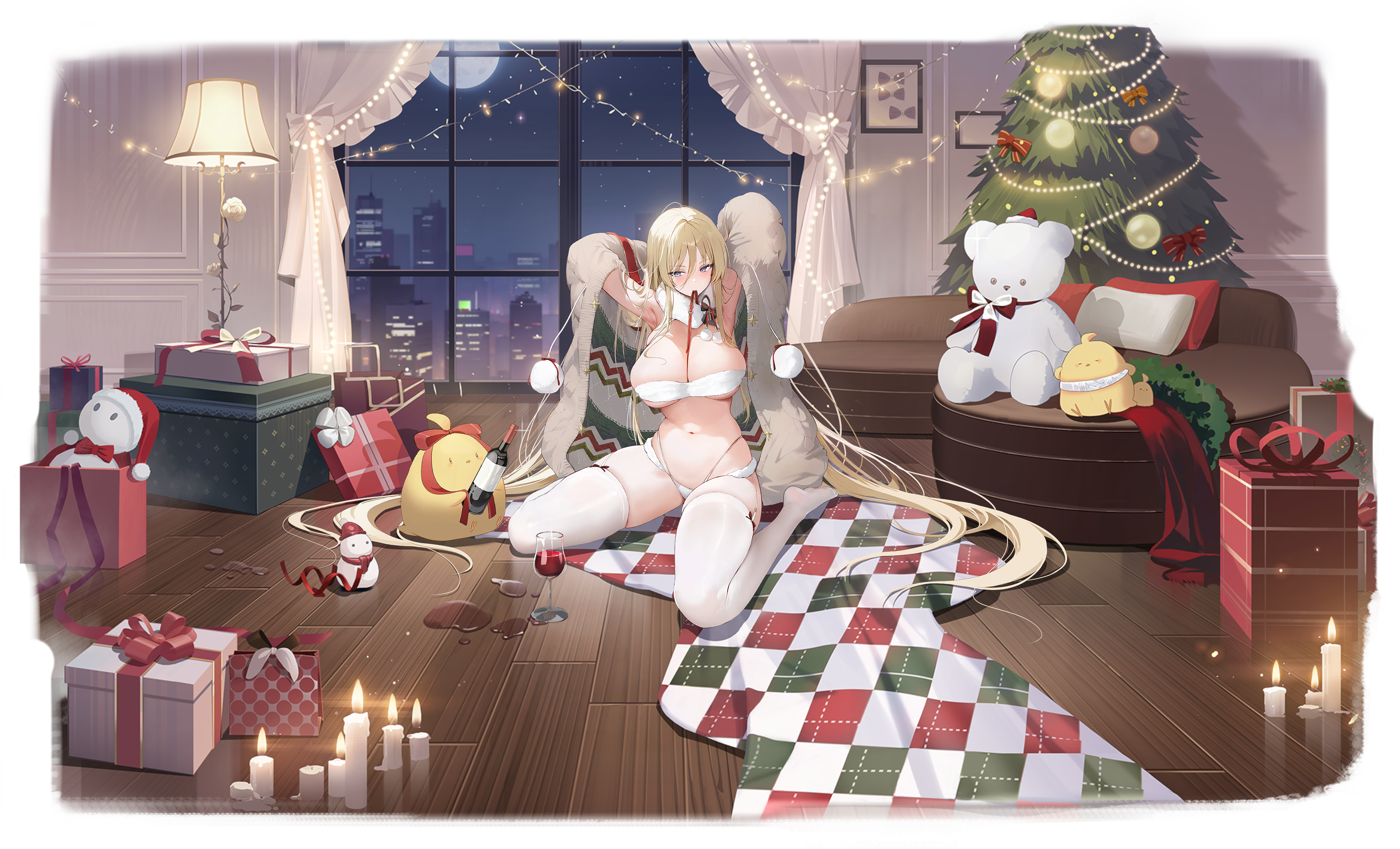 azur_lane bikini bismarck_(azur_lane) christmas kurumi_(recycllamo) manjuu_(azur_lane) open_shirt stockings sweater swimsuits thighhighs transparent_png