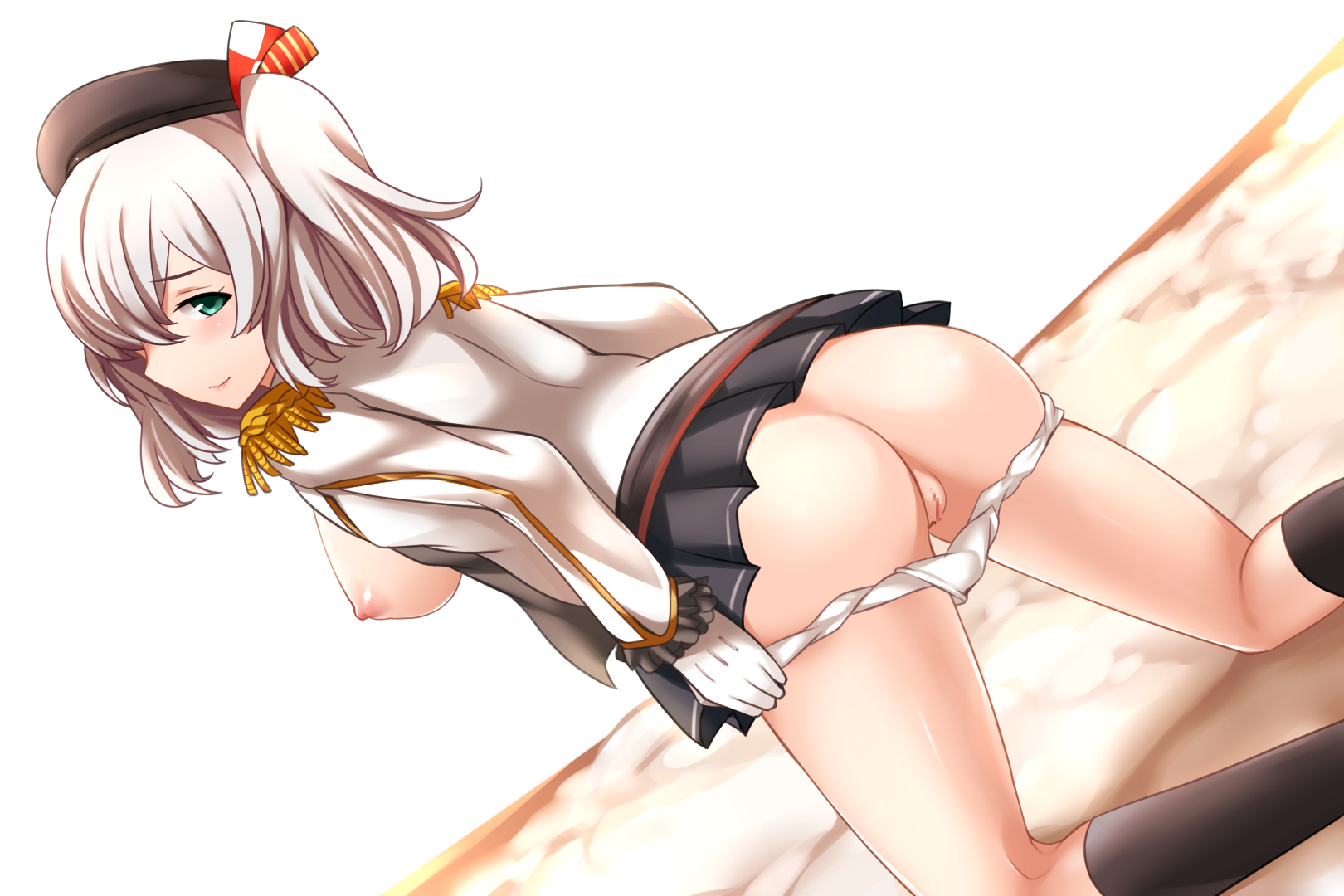 ass breasts censored kantai_collection kashima_(kancolle) nipples no_bra open_shirt pantsu panty_pull pussy undressing uniform yoshimo