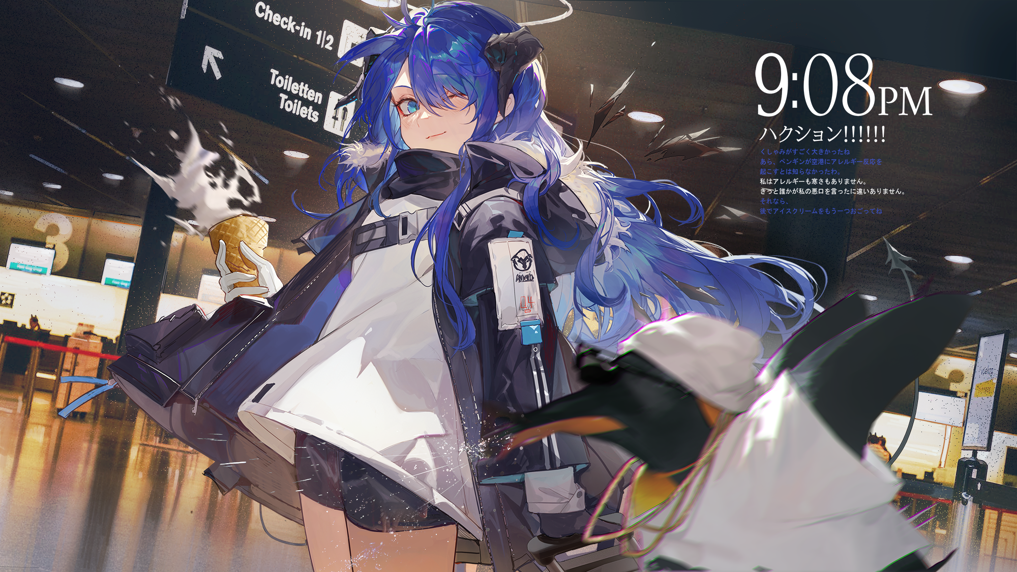 angel arknights bike_shorts horns kuroduki_(pieat) megane mostima_(arknights) penguin the_emperor_(arknights) wings