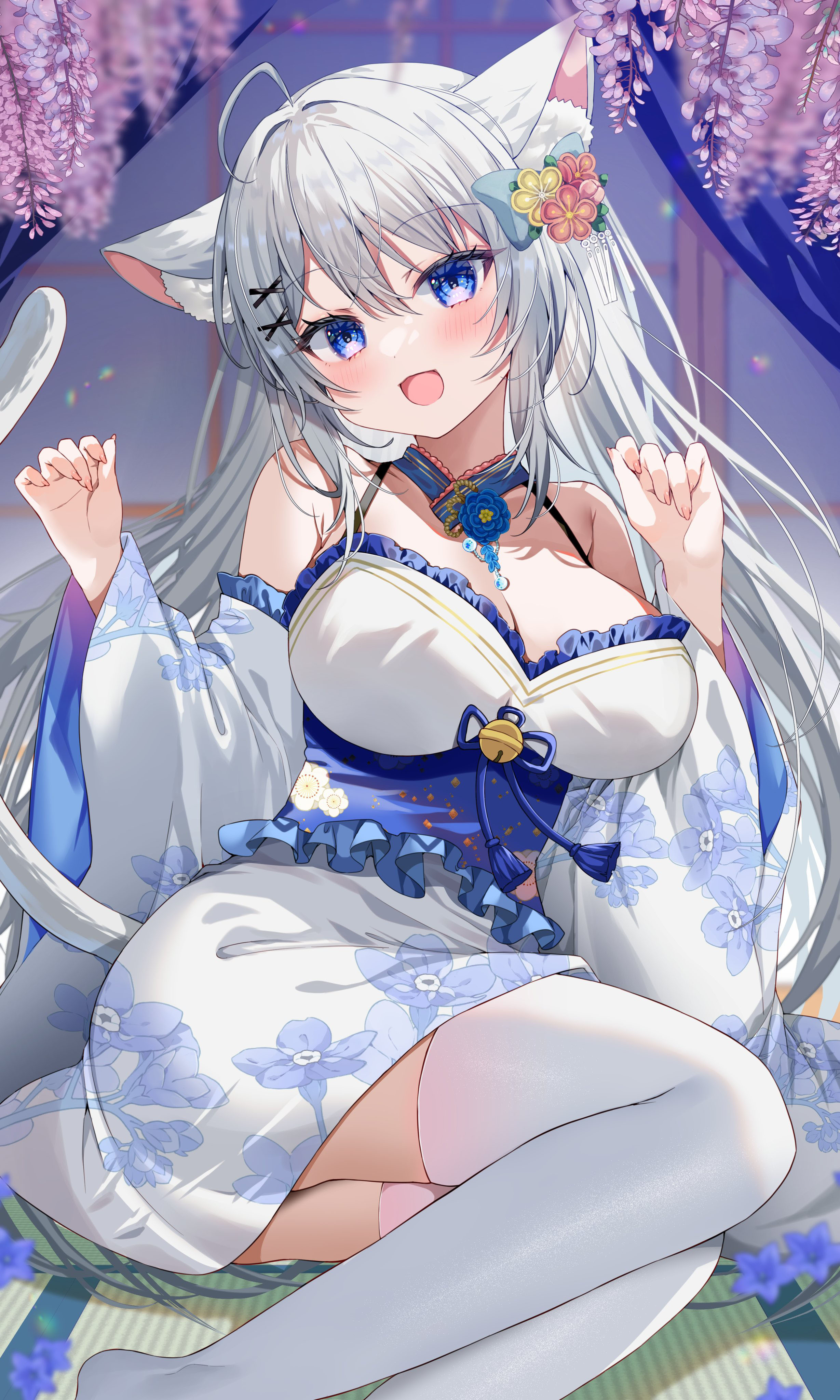 animal_ears detexted japanese_clothes nekomimi no_bra skirt_lift tail thighhighs yam_(yamap_mako)