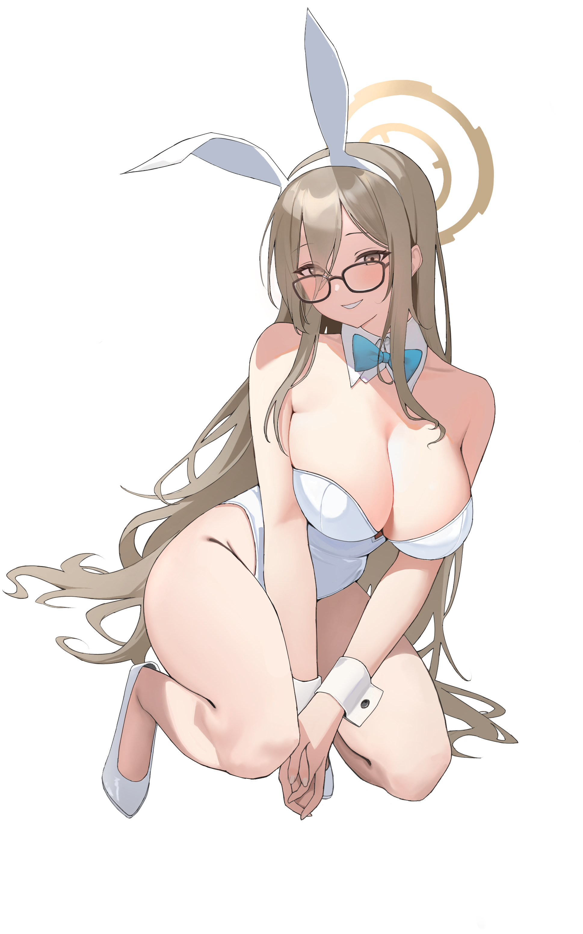 animal_ears blue_archive bunny_ears bunny_girl halo megane murokasa_akane no_bra yingchuishiting