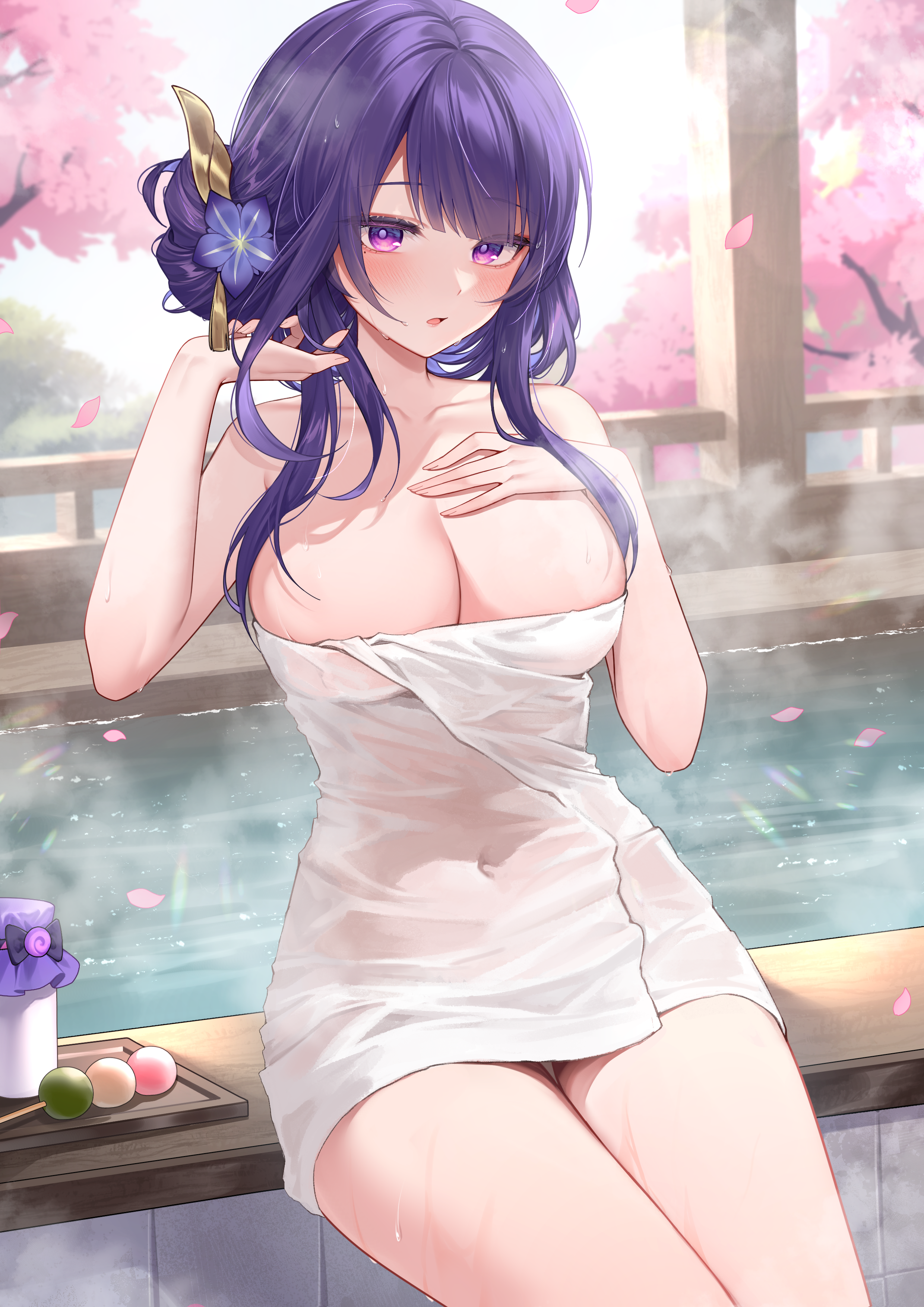 genshin_impact onsen raiden_shogun see_through shrimp_cake towel wet