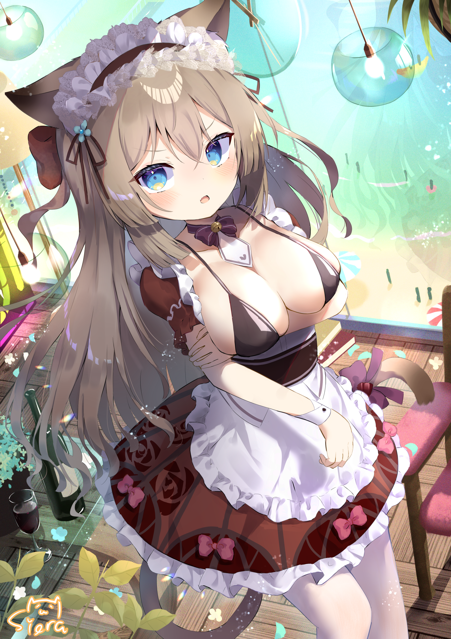 animal_ears bra breast_hold maid nekomimi open_shirt pantyhose siera_(sieracitrus) tail