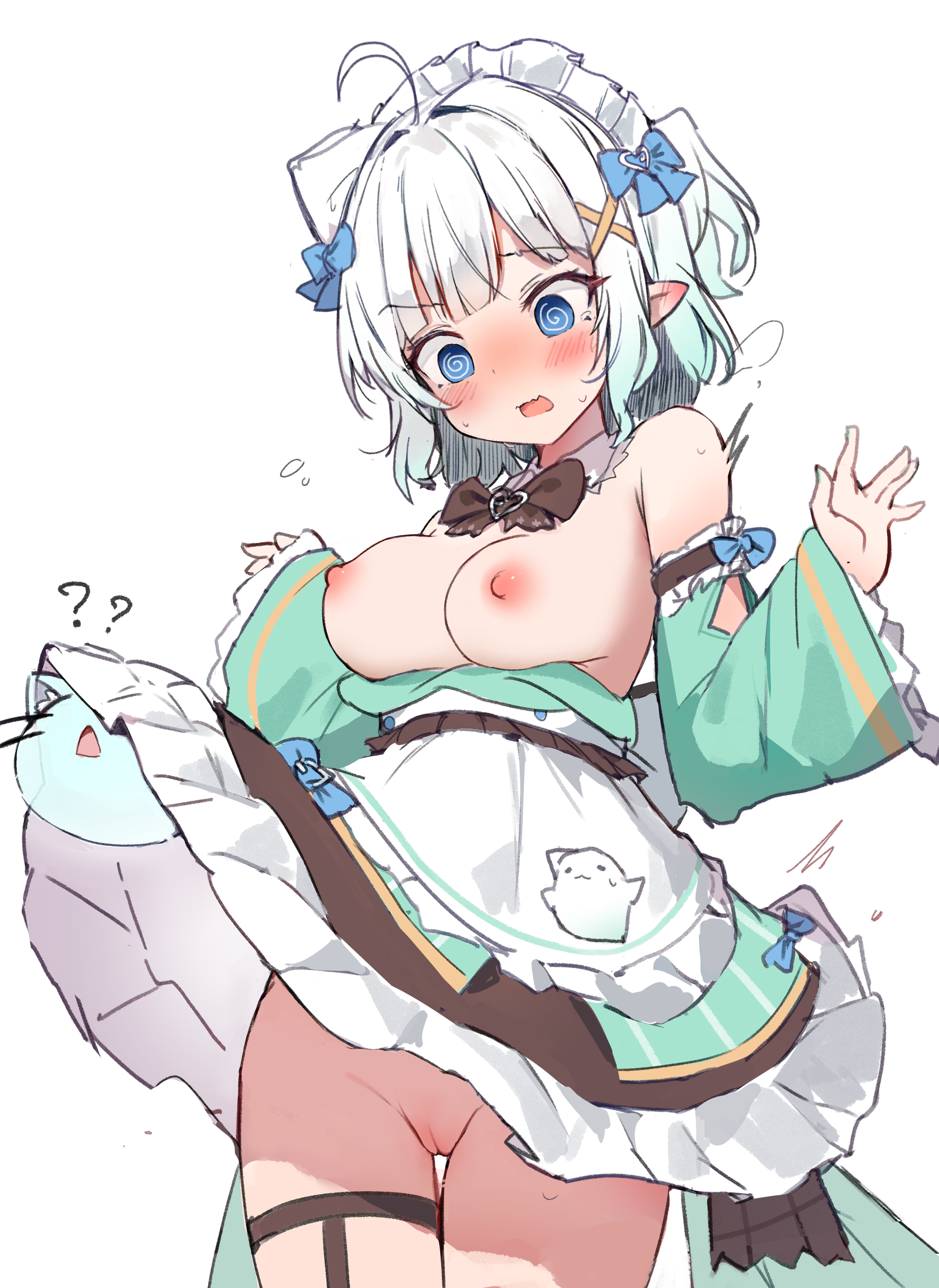 breasts garter indie_virtual_youtuber maid mint_fantome nipples no_bra nopan orobou pointy_ears pussy skirt_lift uncensored