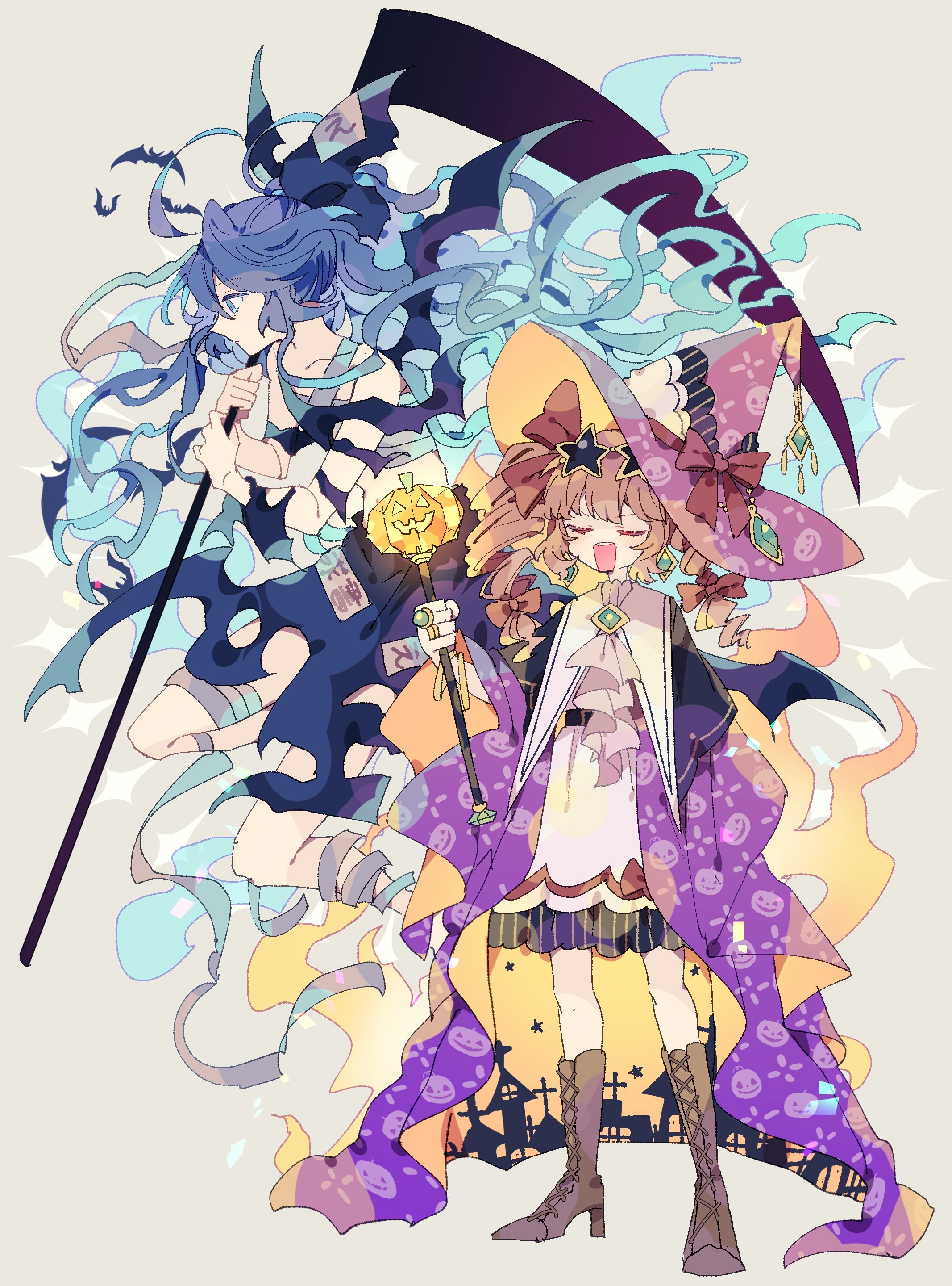 bandages halloween heels megane niko_rashika sarashi touhou weapon wings witch yorigami_jo'on yorigami_shion