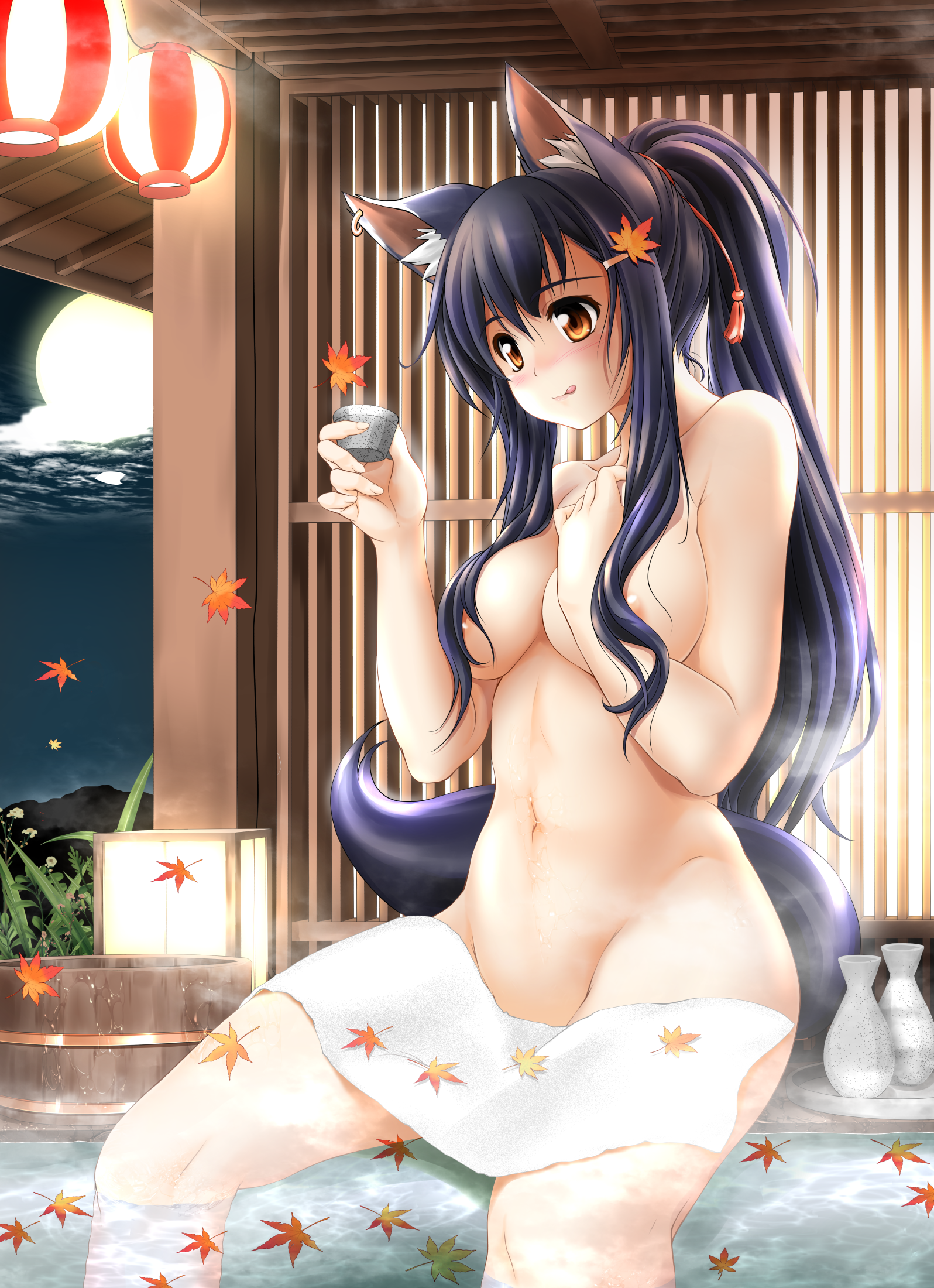 animal_ears areola breast_hold naked onsen sake tail tomoya_kankurou wet