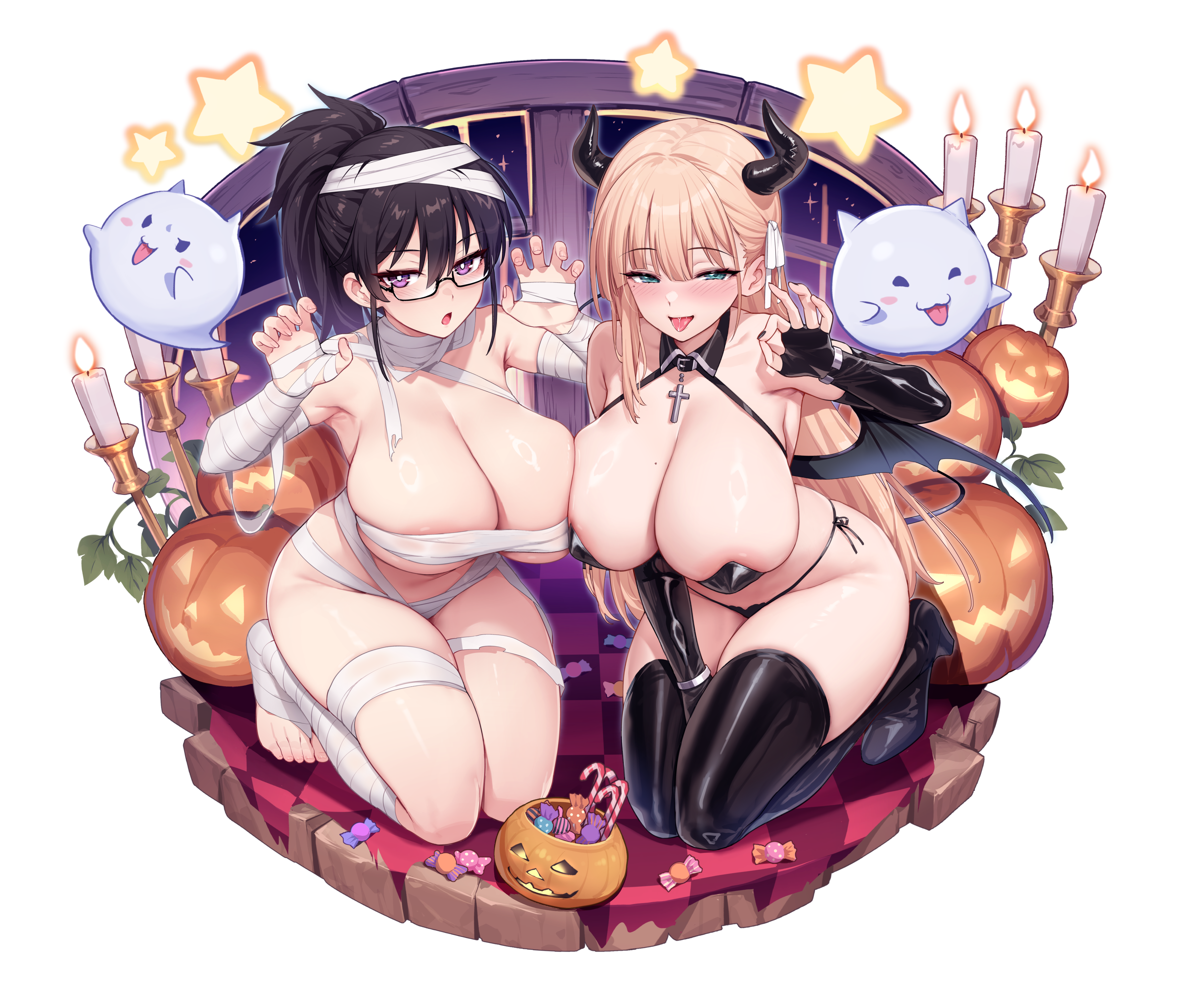 areola bandages bikini devil erect_nipples halloween heels horns megane naked_ribbon see_through swimsuits symmetrical_docking tail thighhighs try wings