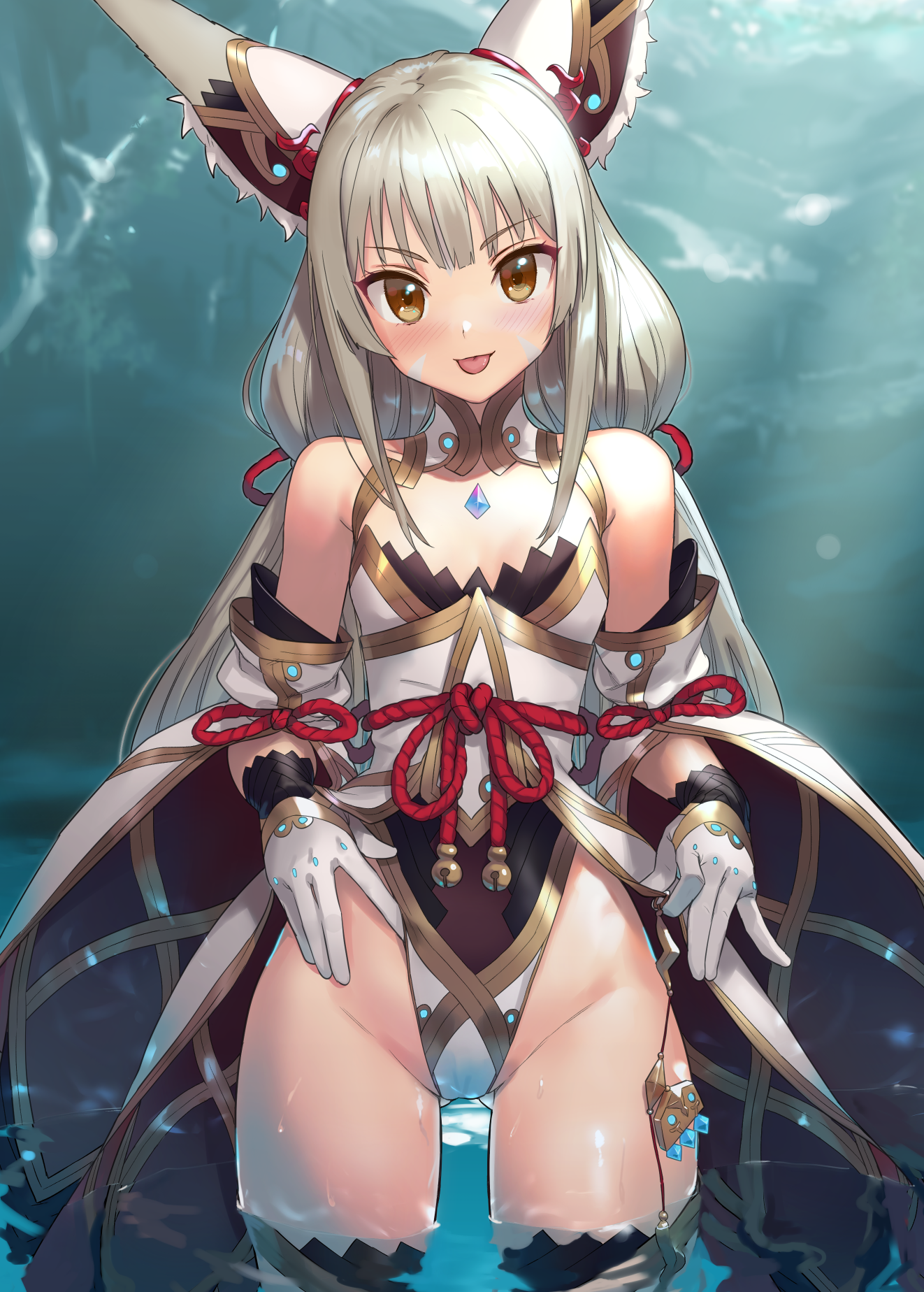 animal_ears cameltoe japanese_clothes kawakami_rokkaku leotard niyah niyah_(blade) thighhighs wet xenoblade xenoblade_chronicles_2