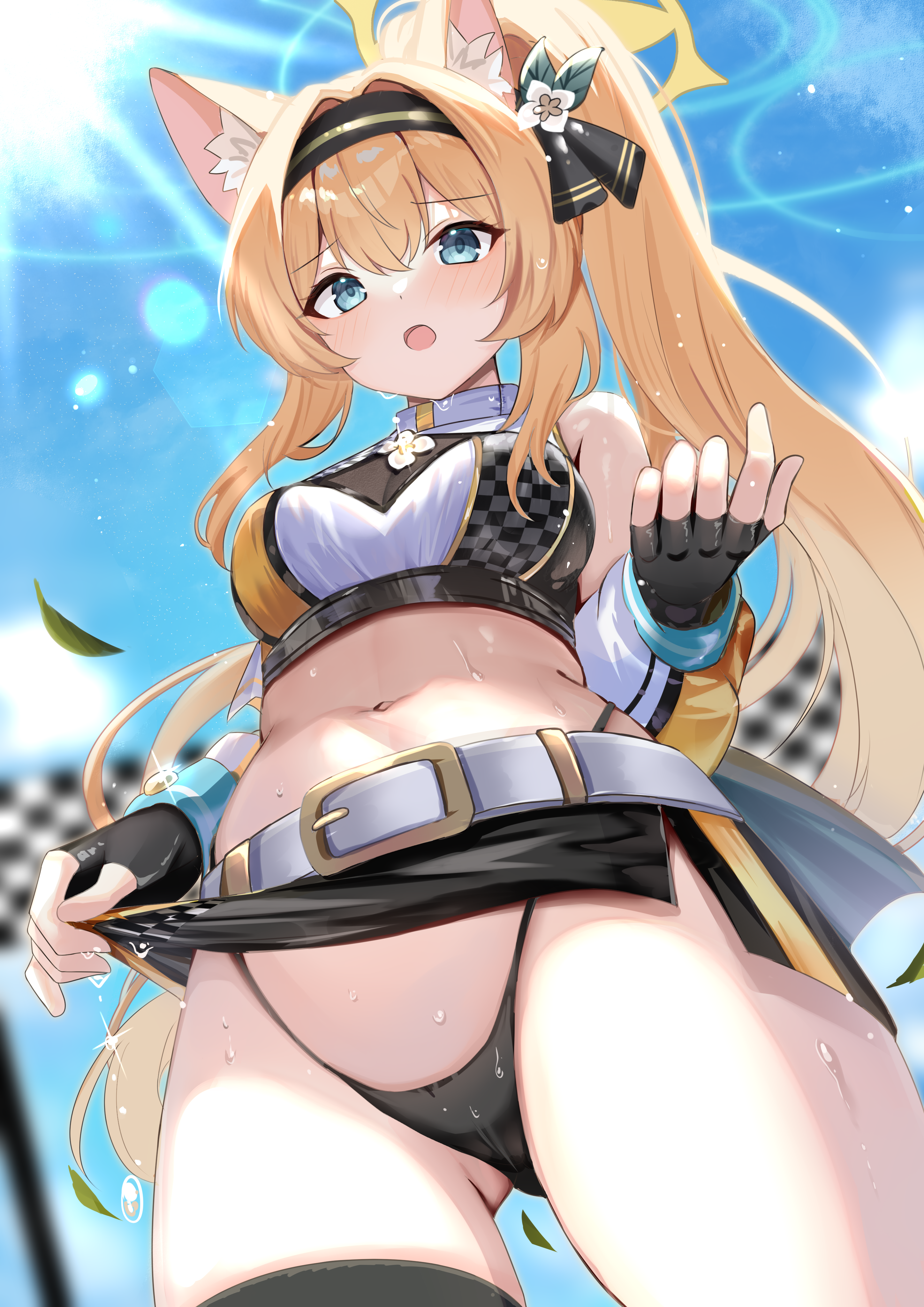 animal_ears blue_archive halo iochi_mari loli lydia601304 pantsu skirt_lift thighhighs wet