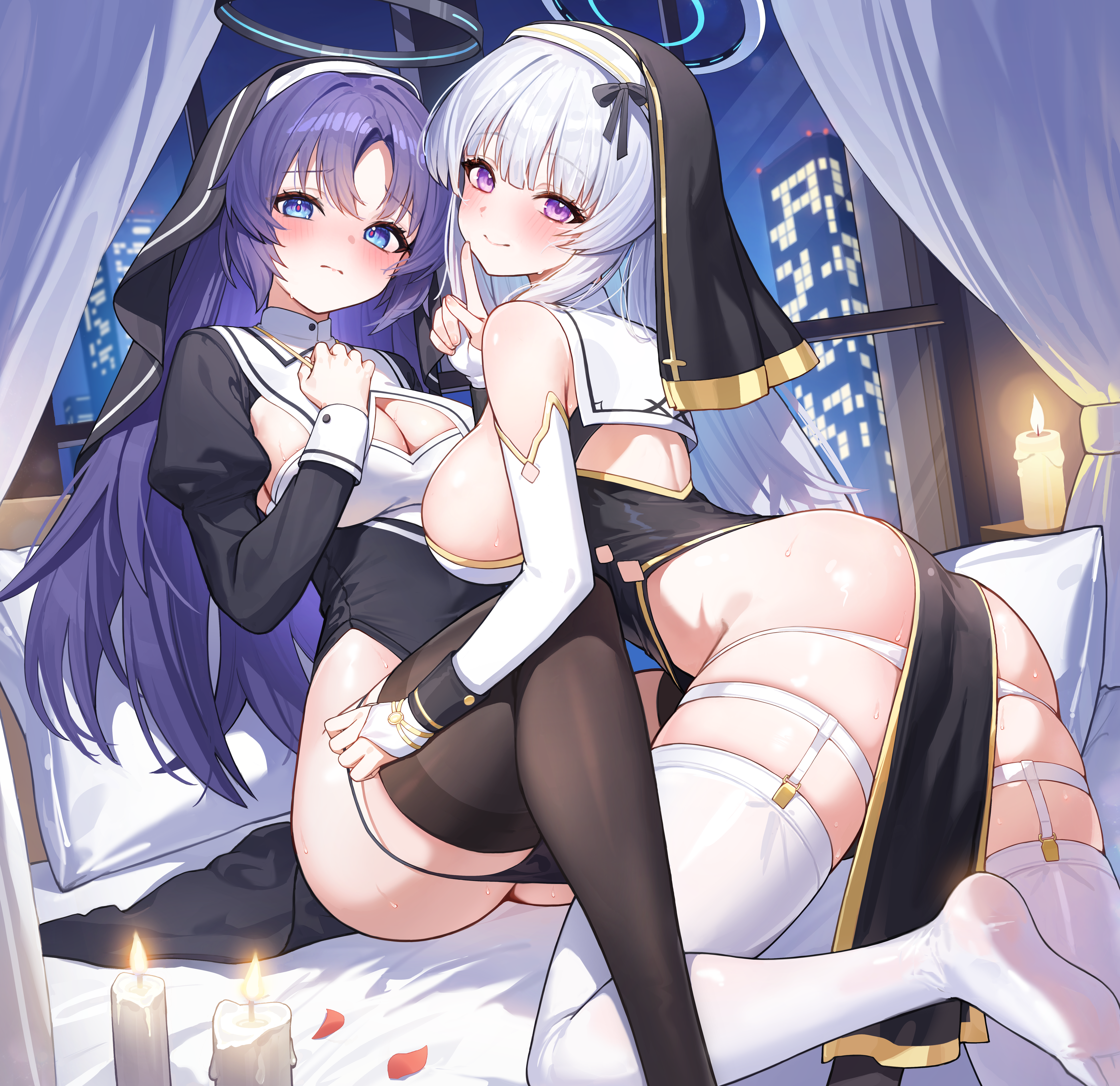 blue_archive esseppd garter halo hayase_yuuka no_bra nun pantsu panty_pull skirt_lift stockings thighhighs undressing ushio_noa wet yuri
