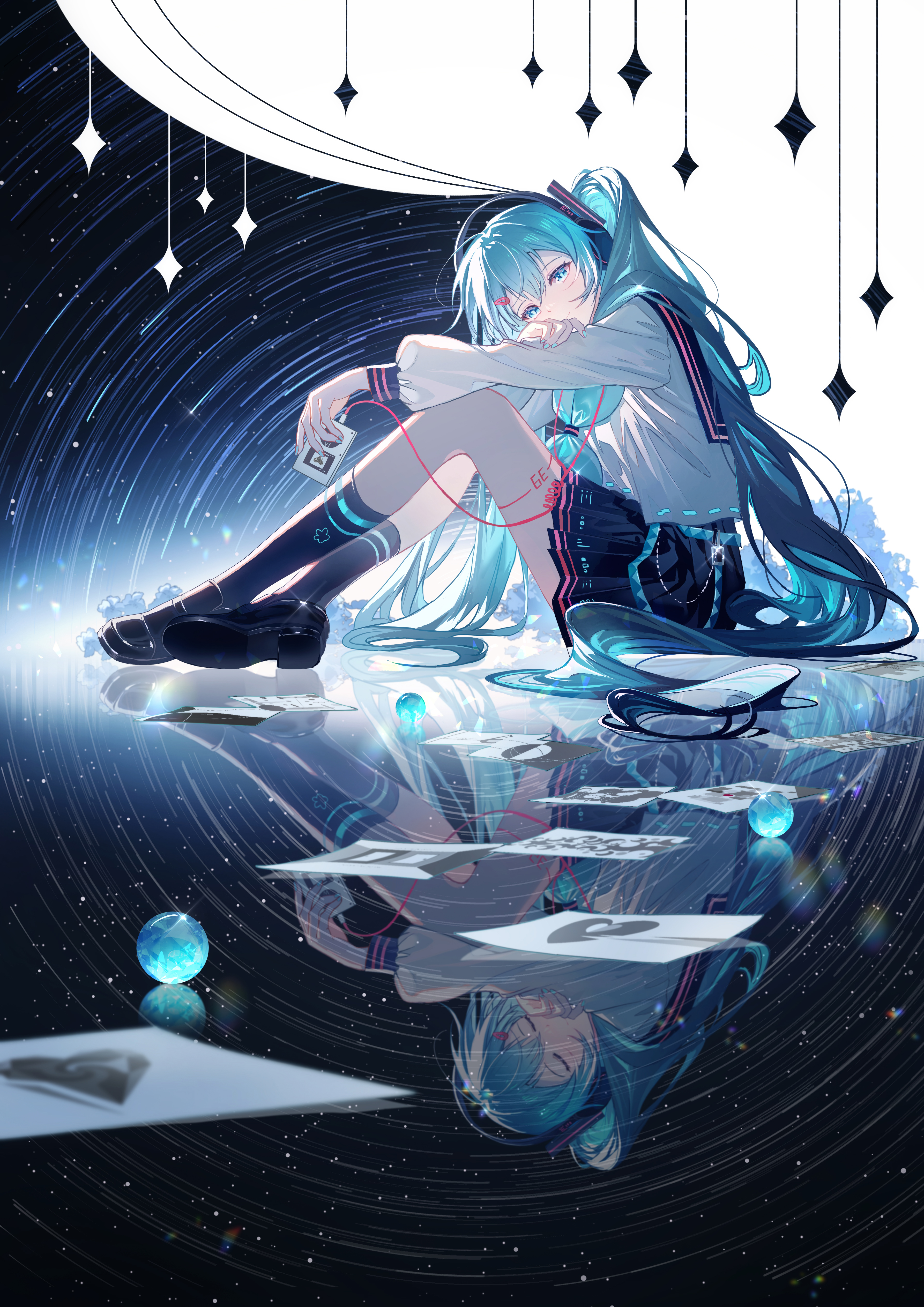 hatsune_miku headphones ji_ye_fan_sheng seifuku skirt_lift tattoo vocaloid