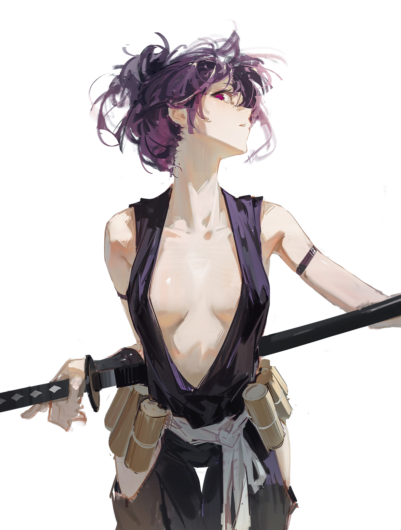 asian_clothes dinoartforame jigokuraku no_bra open_shirt sketch sword yuzuriha_(jigokuraku)