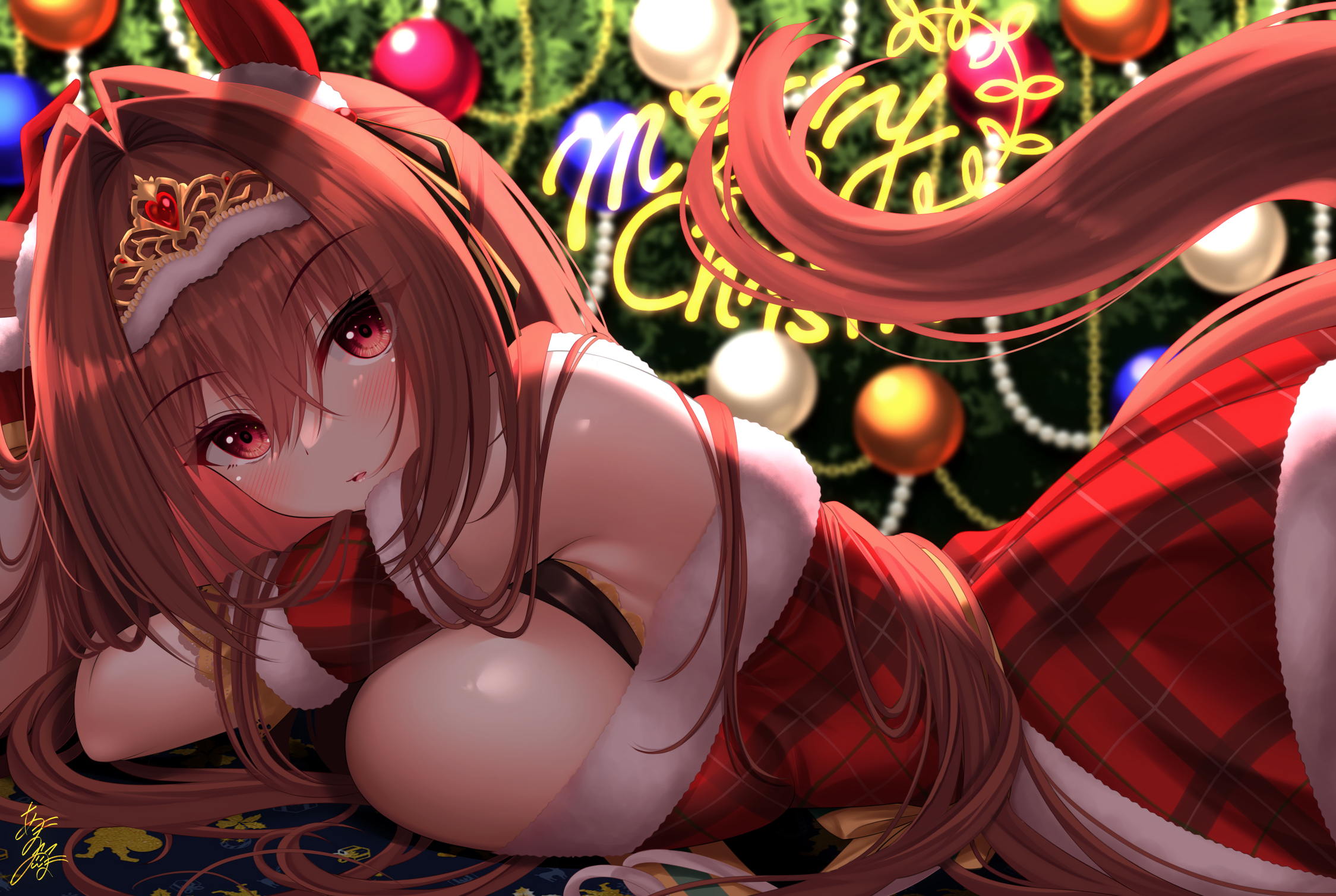 animal_ears christmas daiwa_scarlet_(umamusume) dress no_bra tail uma_musume_pretty_derby yunagi_amane