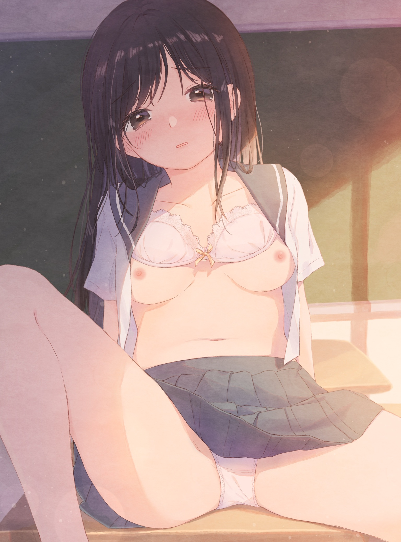 bra breasts kazane_mari nipples open_shirt pantsu seifuku skirt_lift