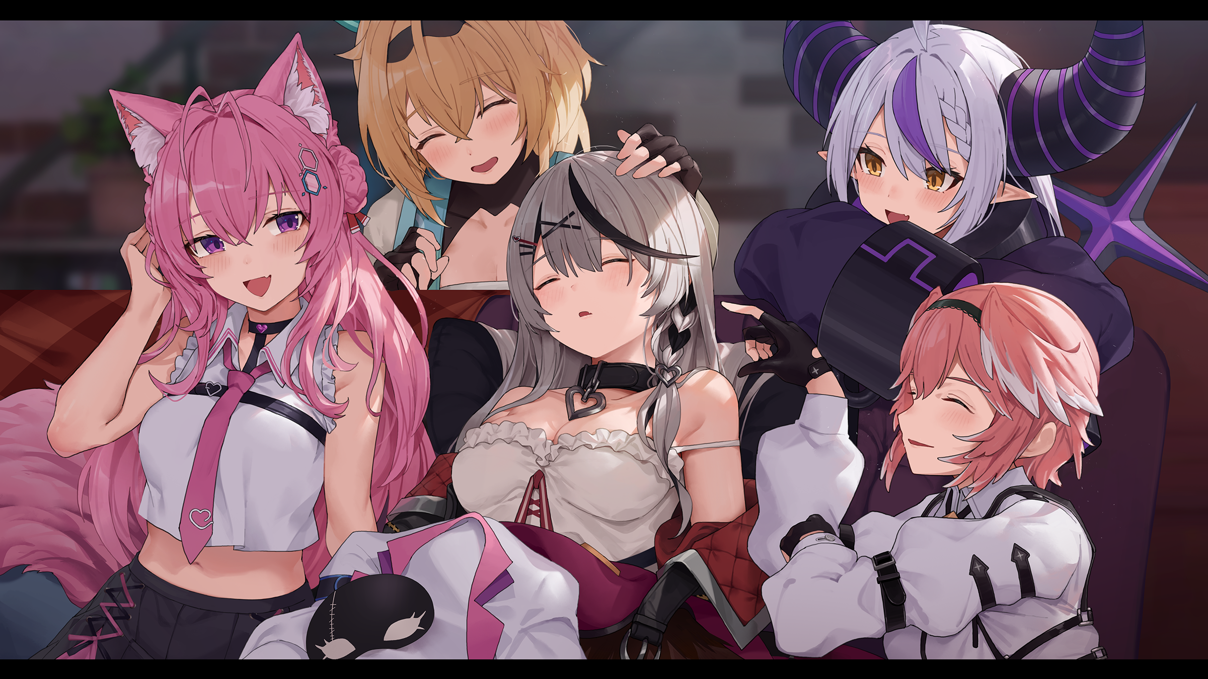 animal_ears hakui_koyori hololive horns japanese_clothes kaguya_(srx61800) kazama_iroha la+_darknesss no_bra pointy_ears sakamata_chloe tail takane_lui wings